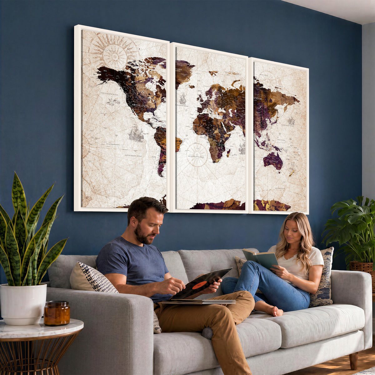 53400857-MGV-CV-36X24 - Blue Watercolor World Map Canvas Print – Framed Modern Wall
