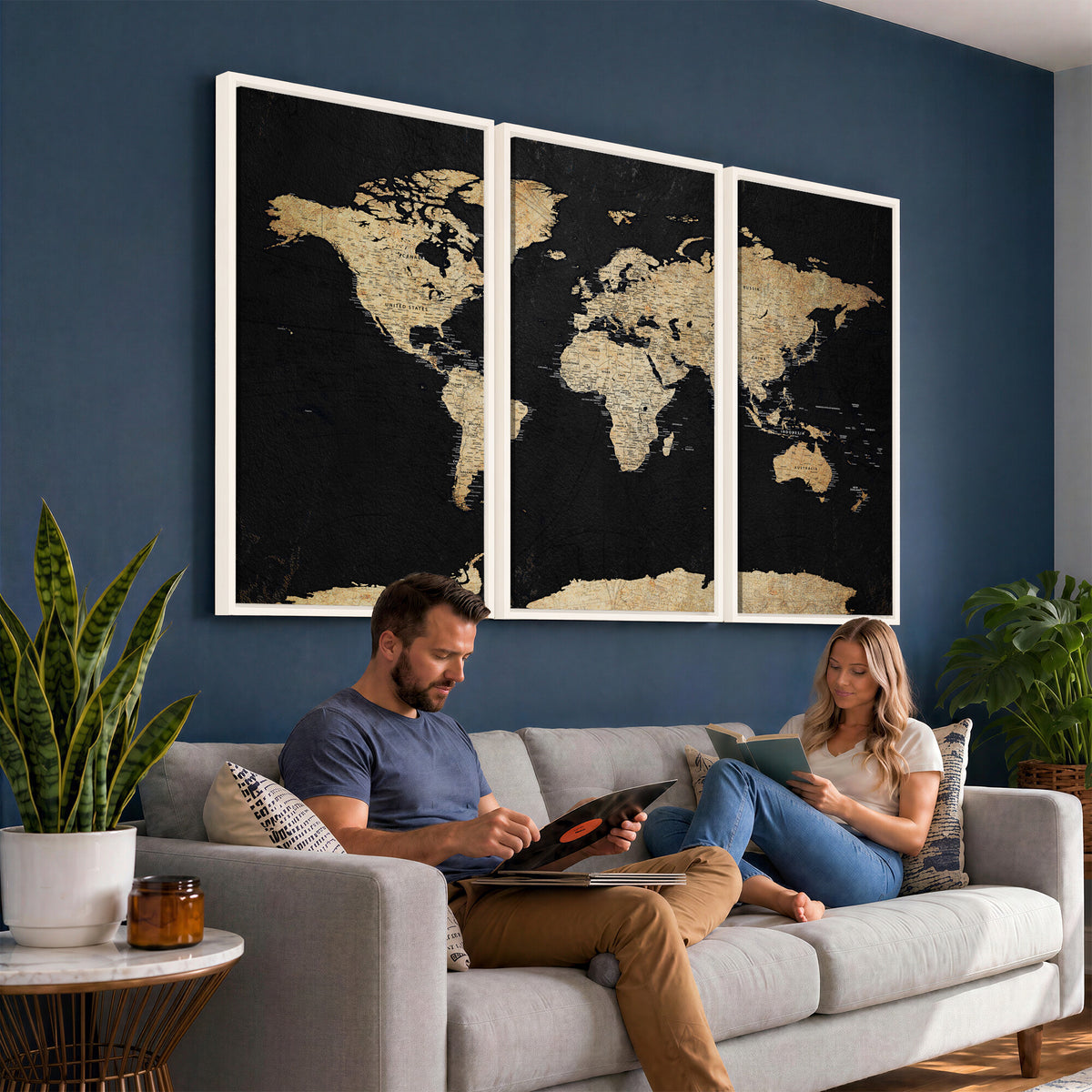 71518849-MGV-CV-36X24 - Beige World Map Canvas Wall Art Print, Minimal Black and
