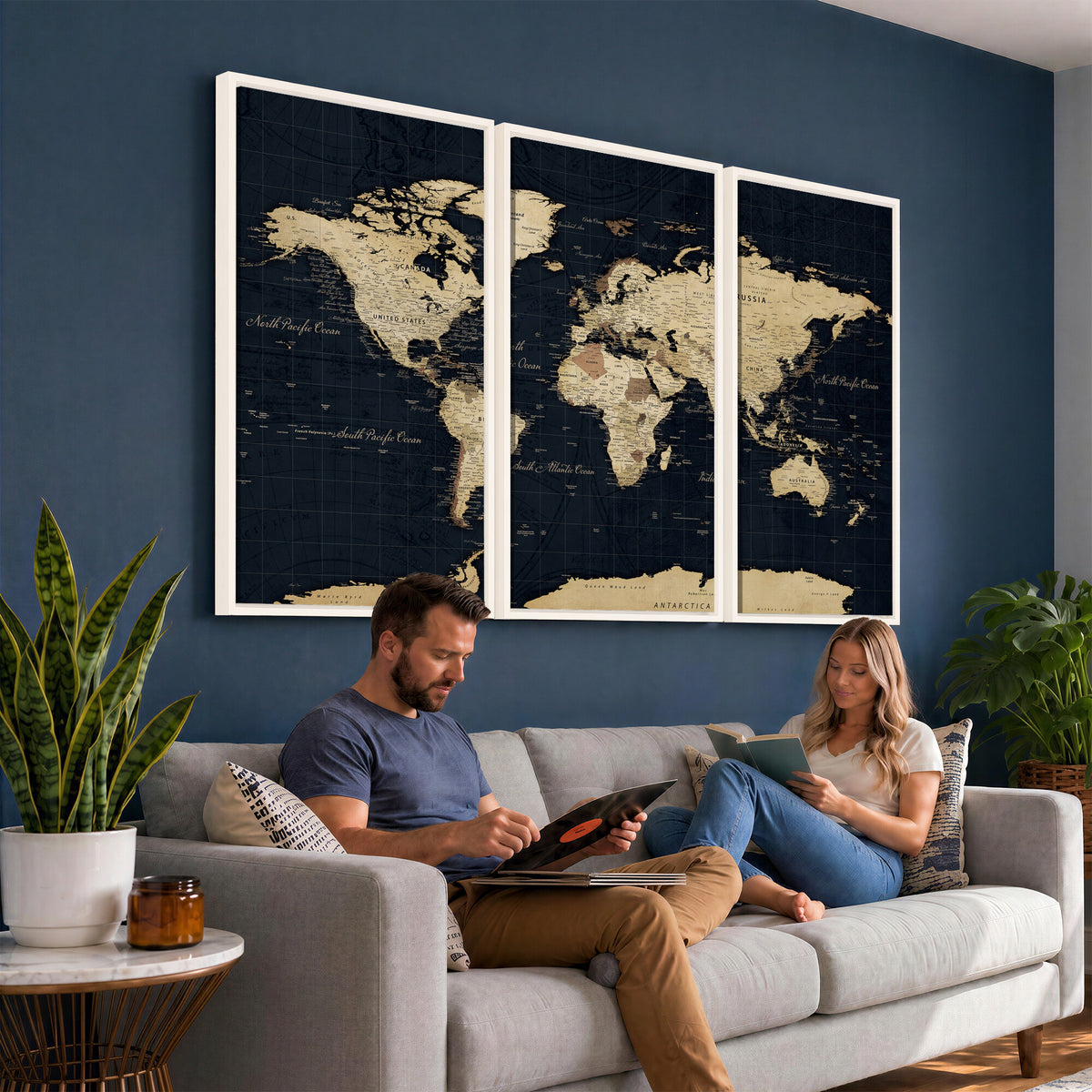 45063434-MGV-CV-36X24 - Dark World Map Canvas Wall Art Print, Minimal Black and Gold Map