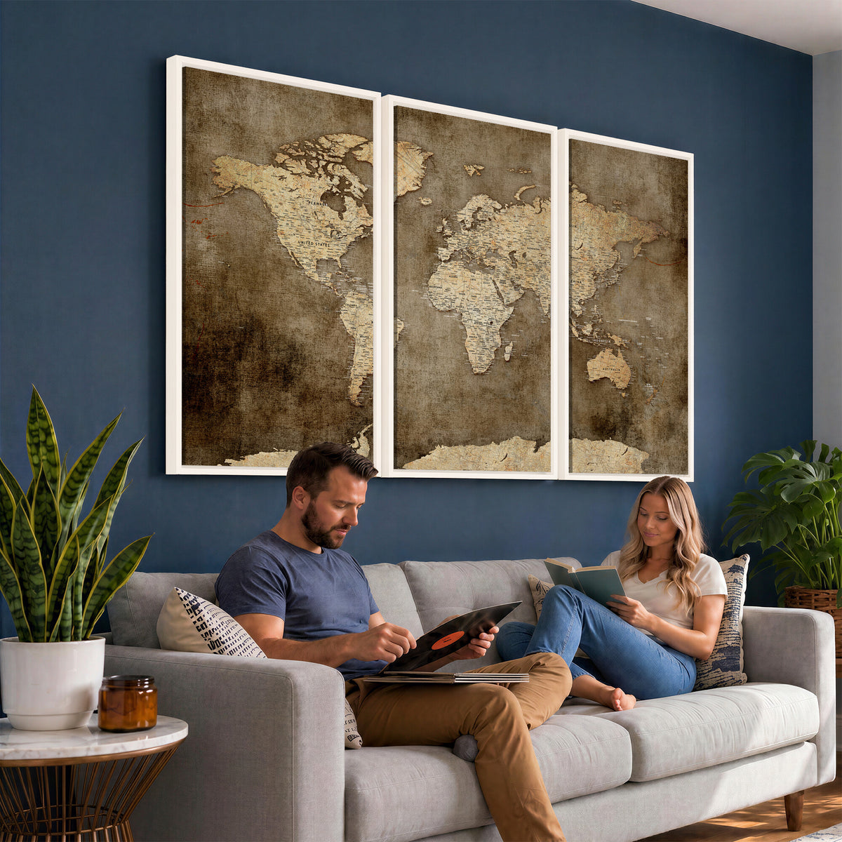 35847542-MGV-CV-36X24 - Dark Vintage World Map Canvas Wall Art Print, Antique Map