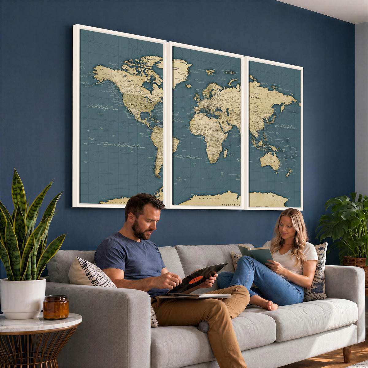 99599383-MGV-CV-36X24 - Minimal Vintage World Map Canvas Wall Art Print, Neutral