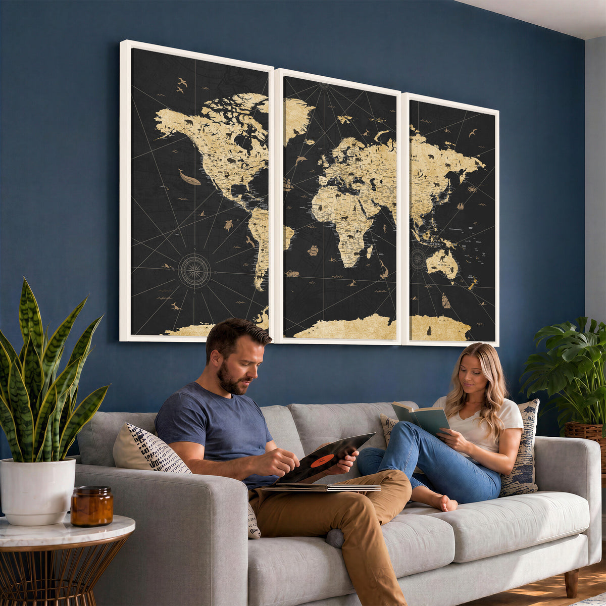 80270976-MGV-CV-36X24 - World Map Wall Art Canvas Print, Modern Decorative Framed Map Artwork Prints for Living Room, Office, Bedroom Wall Decor