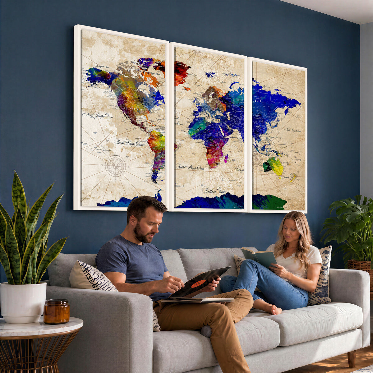 26284075-MGV-CV-36X24 - World Map Wall Art Canvas Print, Modern Decorative Framed Map Artwork Prints for Living Room, Office, Bedroom Wall Decor