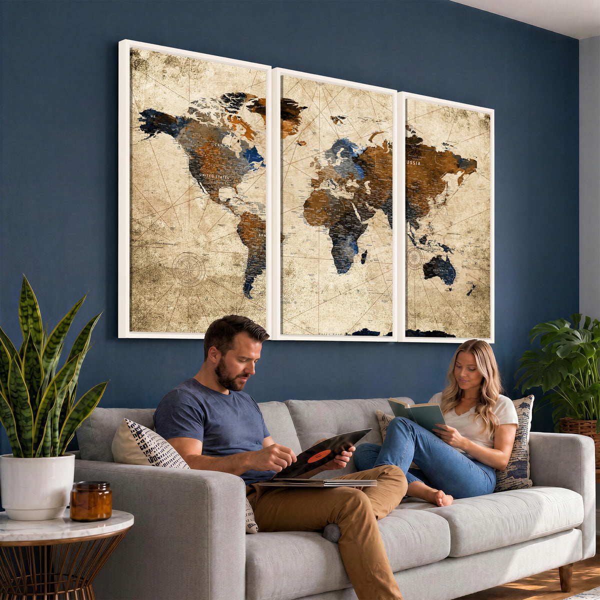 27163414-MGV-CV-36X24 - World Map Wall Art – Rustic Earth Tone Canvas Print, Antique