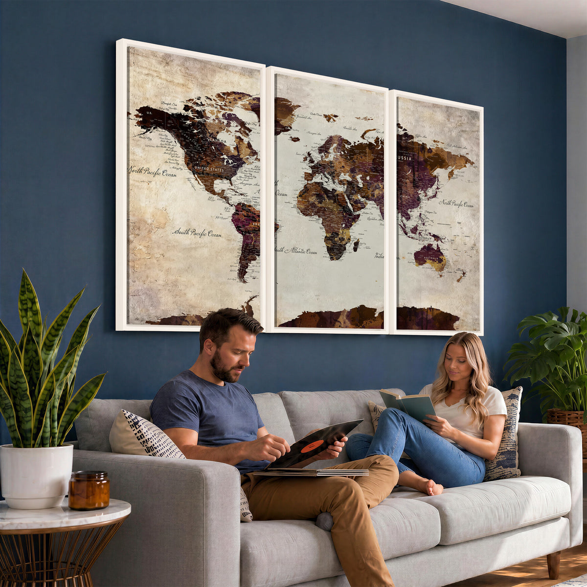 50611123-MGV-CV-36X24 - World Map Canvas Triptych | Colorful Global Wall Art for Living Rooms