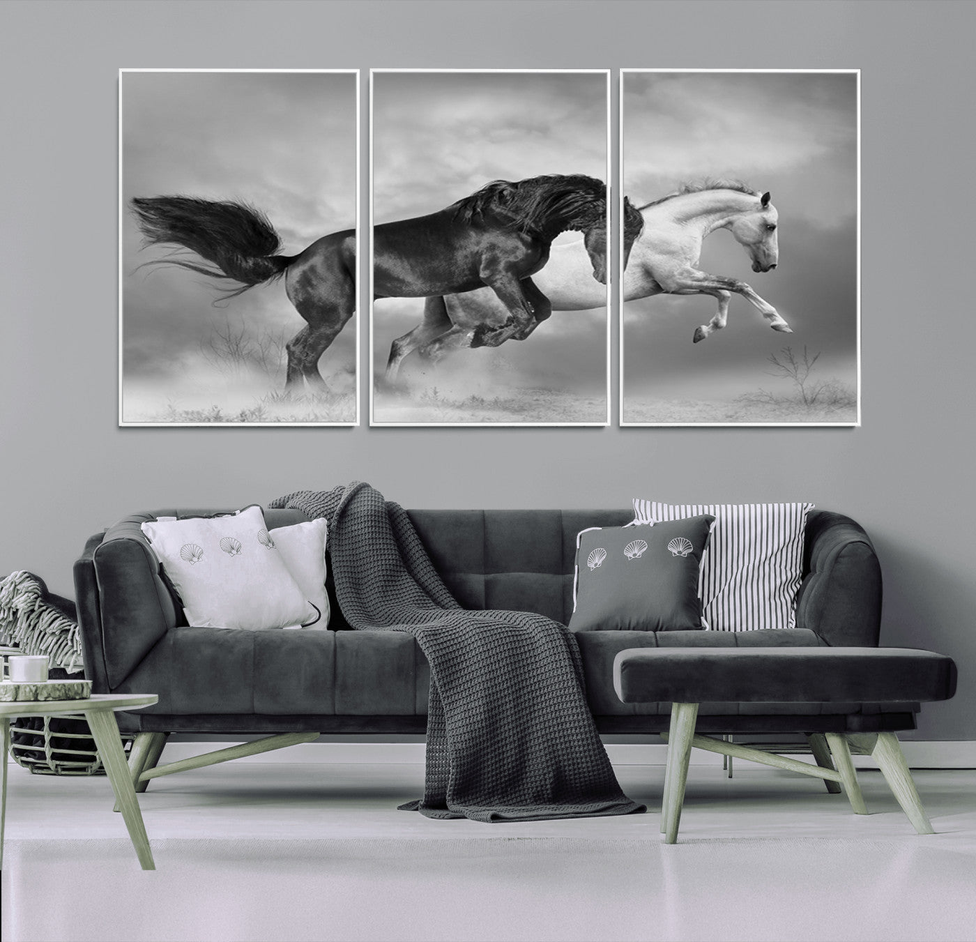 93546-MGV-CV-36X24-Wild Horses Wall Art Canvas Print – Framed Black and White Galloping Horses Dynamic Animal Artwork for Home, Office