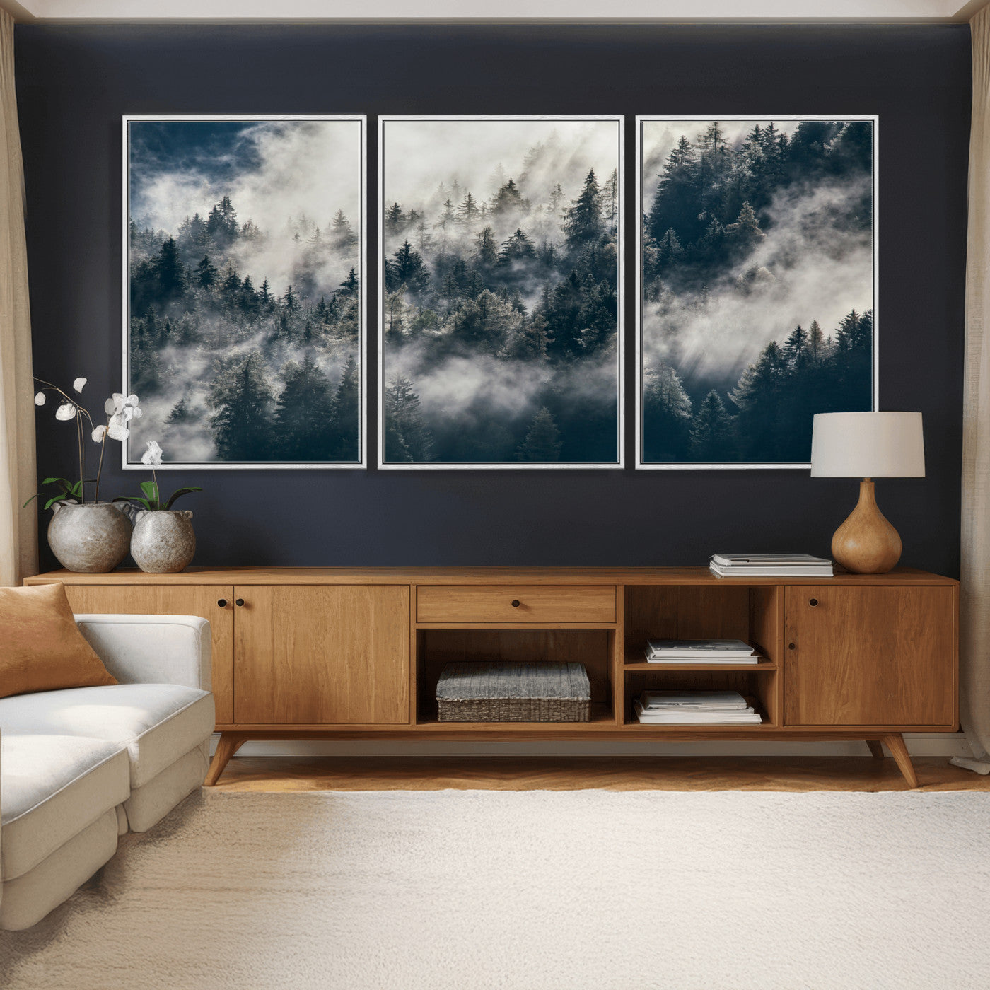 63405824-MGV-CV-36X24 - Foggy Mountain Forest Canvas Print, Misty Pine Trees Nature Wall Art, Framed Canvas Ready to Hang