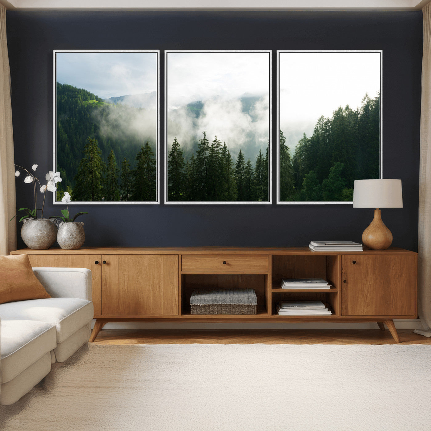 67174129-MGV-CV-36X24 - Misty Mountain Forest Canvas Print, Foggy Pine Trees Nature Wall Art, Framed Canvas Ready to Hang