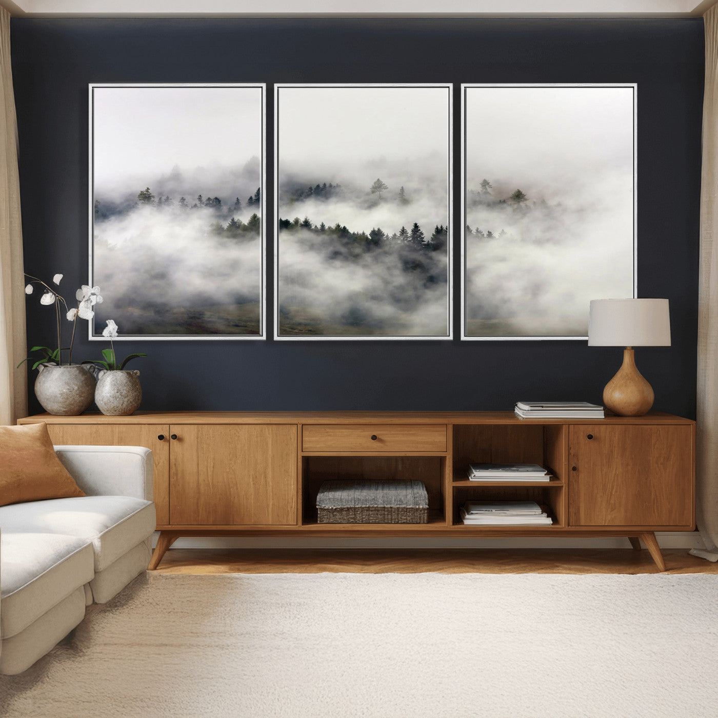 63235457-MGV-CV-36X24 - Foggy Forest Wall Art Canvas Print, Misty Pine Tree Landscape Wall Art Print, Framed Wall Art Ready to Hang