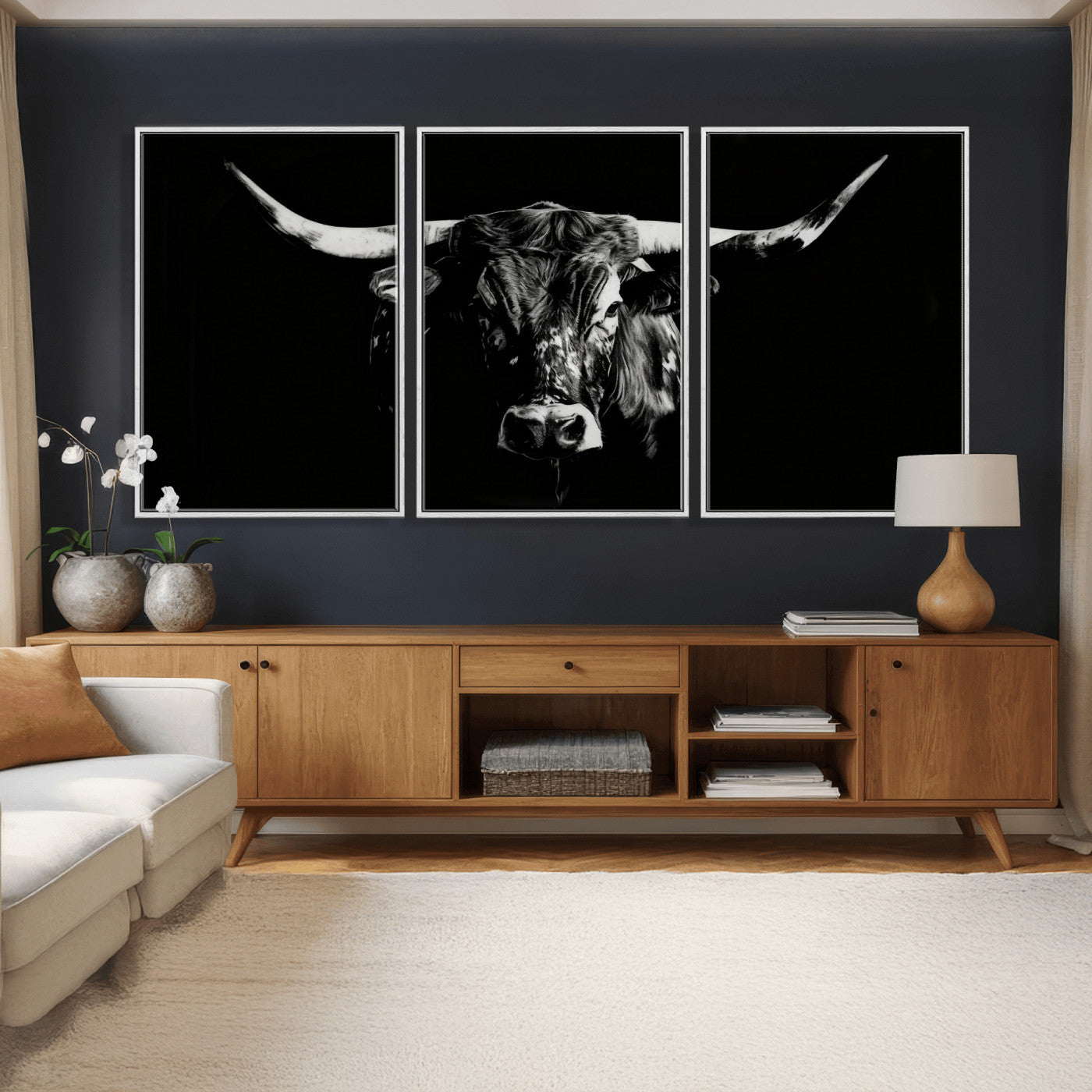 21436434-MGV-CV-36X24 - Black Bull Wall Art Canvas Print, Dark Longhorn Portrait Photography, Framed Wall Art Ready to Hang