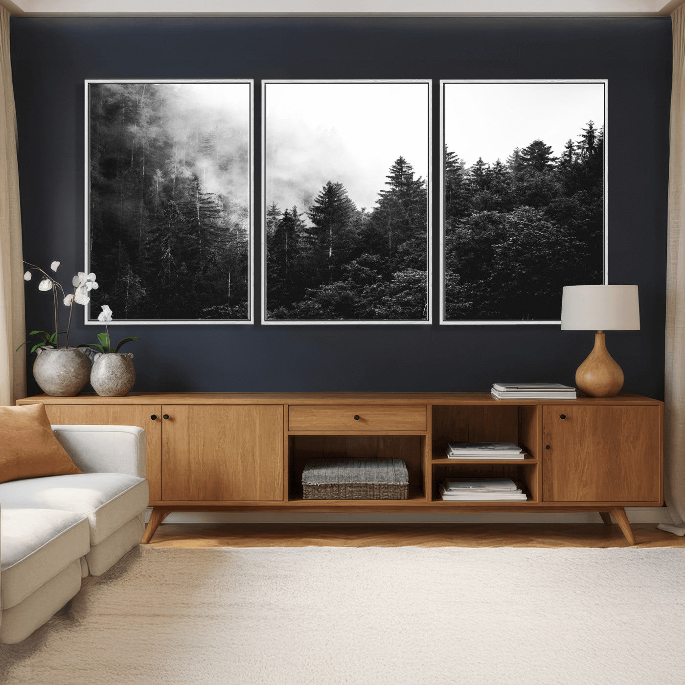 98764151-MGV-CV-36X24 - Black and White Forest Wall Art Canvas Print, Misty Pine Tree Landscape Photography, Framed Wall Art Ready to Hang