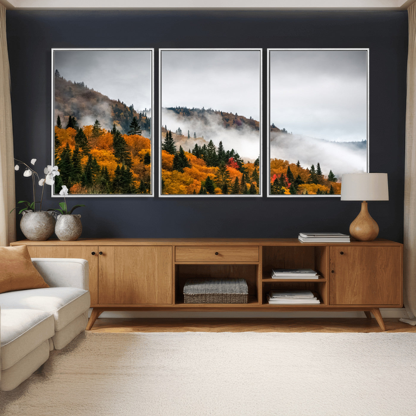 93581632-MGV-CV-36X24 - Autumn Forest Wall Art Canvas Print, Foggy Mountain Landscape Nature Photography, Framed Wall Art Ready to Hang