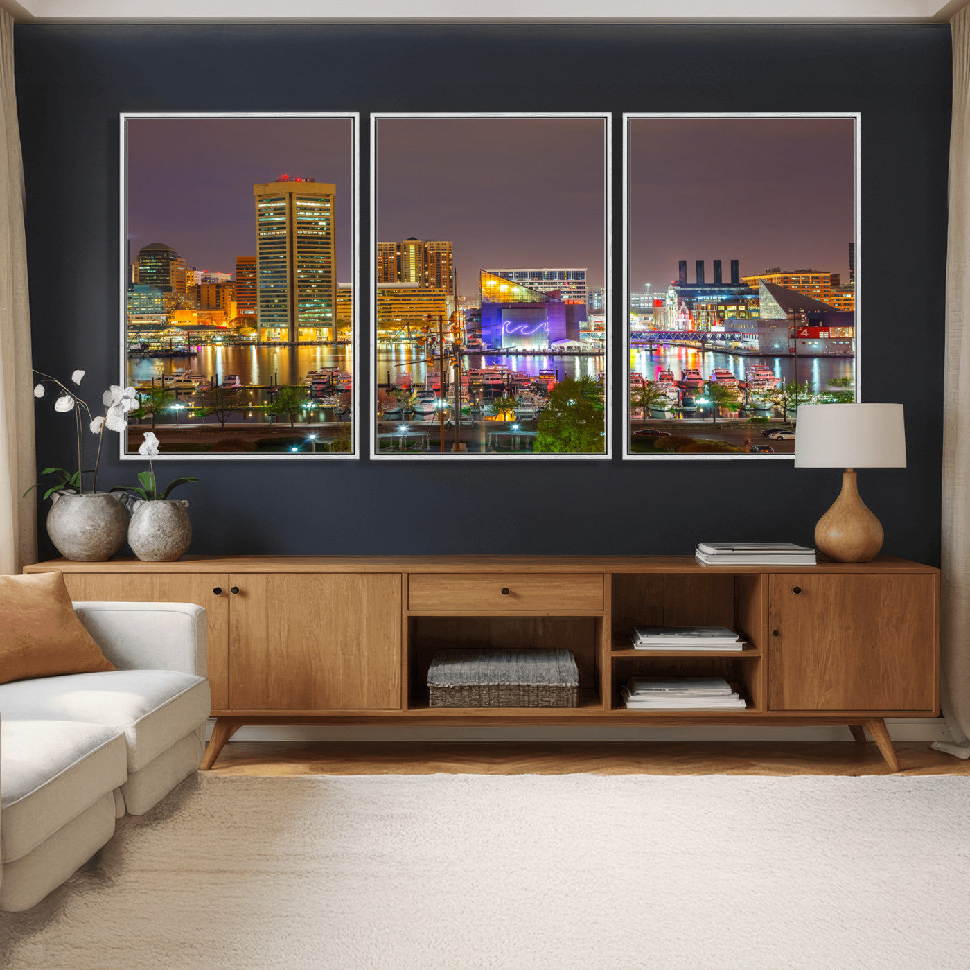 42654823-MGV-CV-36X24 - Baltimore Skyline Wall Art Canvas Print, Baltimore Downtown Night Cityscape Print for Modern Urban Wall Decor