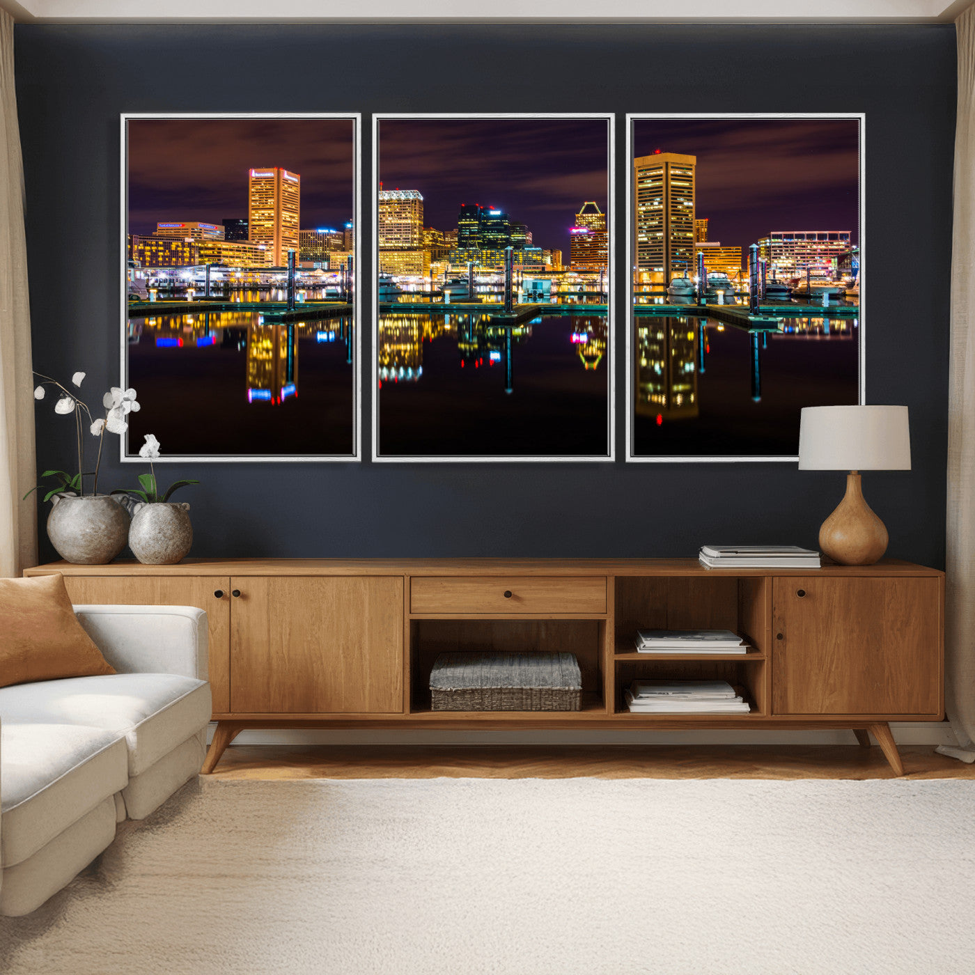 38201692-MGV-CV-36X24 - Baltimore Skyline Wall Art Canvas Print, Baltimore Downtown Night Cityscape Print for Modern Urban Wall Decor