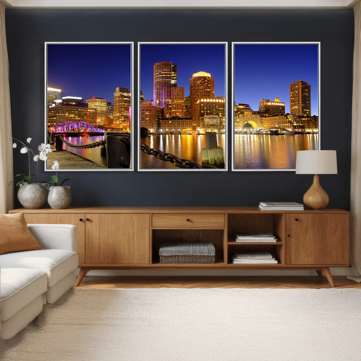 56611117-MGV-CV-36X24 - Boston Wall Art Canvas Print, Boston City Downtown Night Cityscape Print for Modern Urban Wall Decor