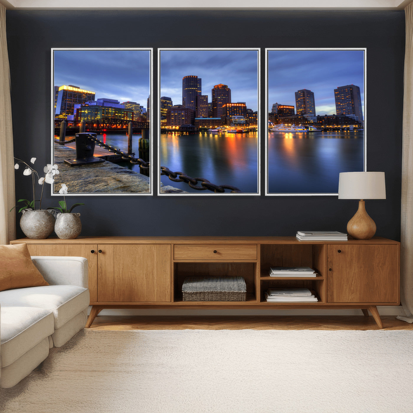 82439622-MGV-CV-36X24 - Boston Wall Art Canvas Print, Boston City Downtown Night Cityscape Print for Modern Urban Wall Decor