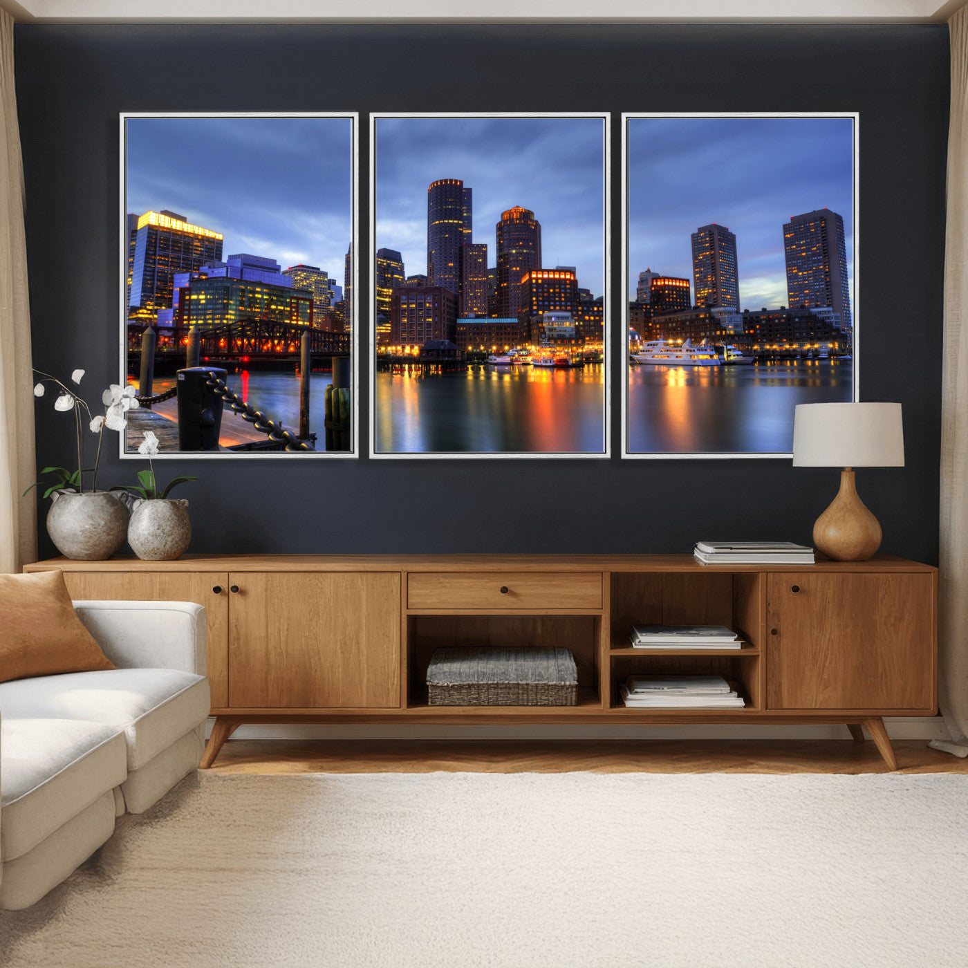 74951698-MGV-CV-60X30-3P - Boston Wall Art Canvas Print, Boston City Downtown Night Cityscape Print for Modern Urban Wall Decor