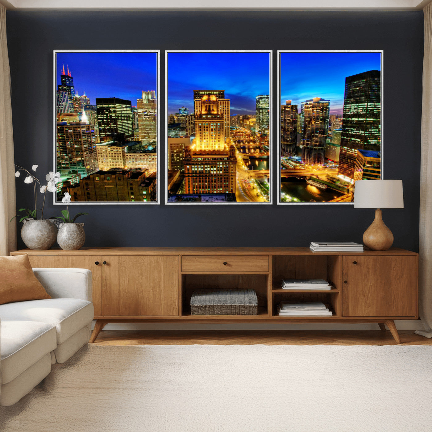 46298885-MGV-CV-36X24 - Chicago Wall Art Canvas Print, Chicago City Downtown Night Cityscape Print for Modern Urban Wall Decor