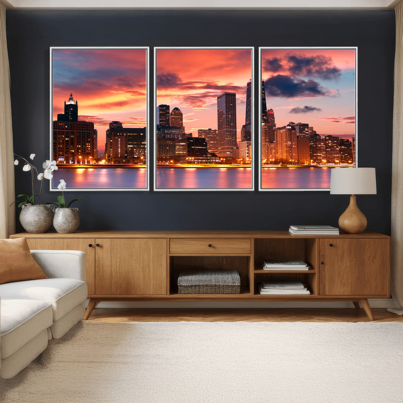 80390109-MGV-CV-36X24 - Chicago Wall Art Canvas Print, Chicago City Downtown Night Cityscape Print for Modern Urban Wall Decor