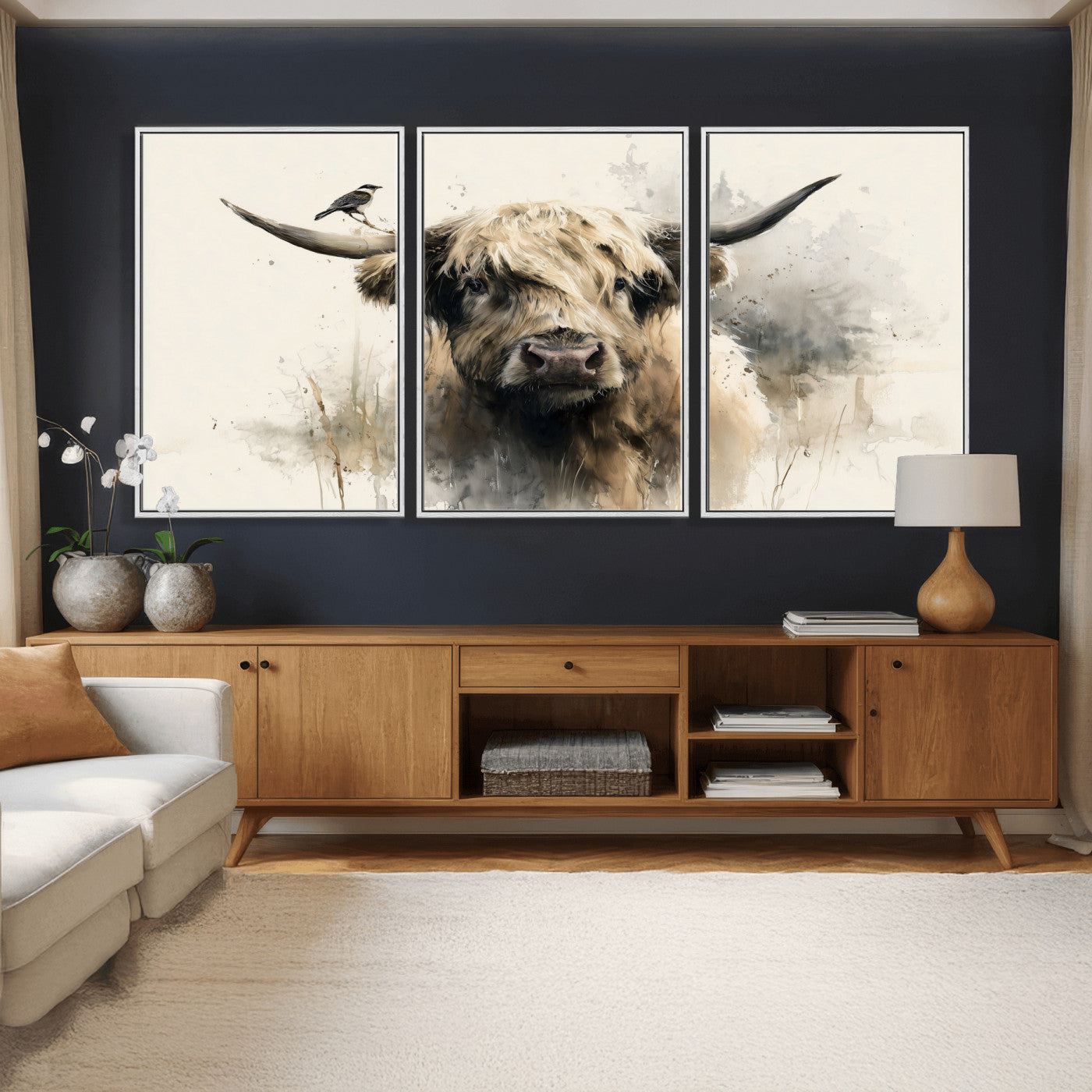 98249290-MGV-CV-36X24 - Abstract Highland Cow Watercolor Animal Wall Art Canvas Print, Rustic Farm Cattle Portrait Canvas Print, Neutral Wildlife Farmhouse Art Printing