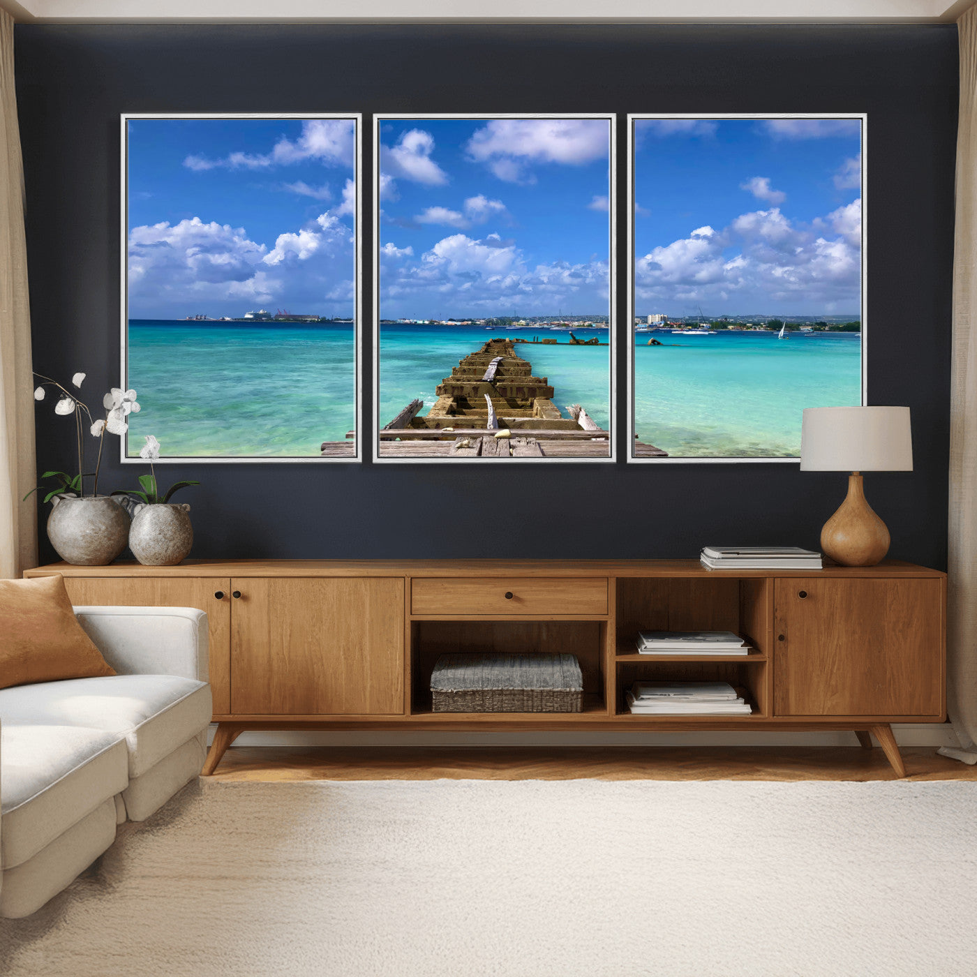 43165024-MGV-CV-36X24 - Caribbean Ocean Pier Seascape Wall Art Canvas Print, Turquoise Sea Tropical Harbor Canvas Print, Island Coastal Blue Water Scenic Art Printing