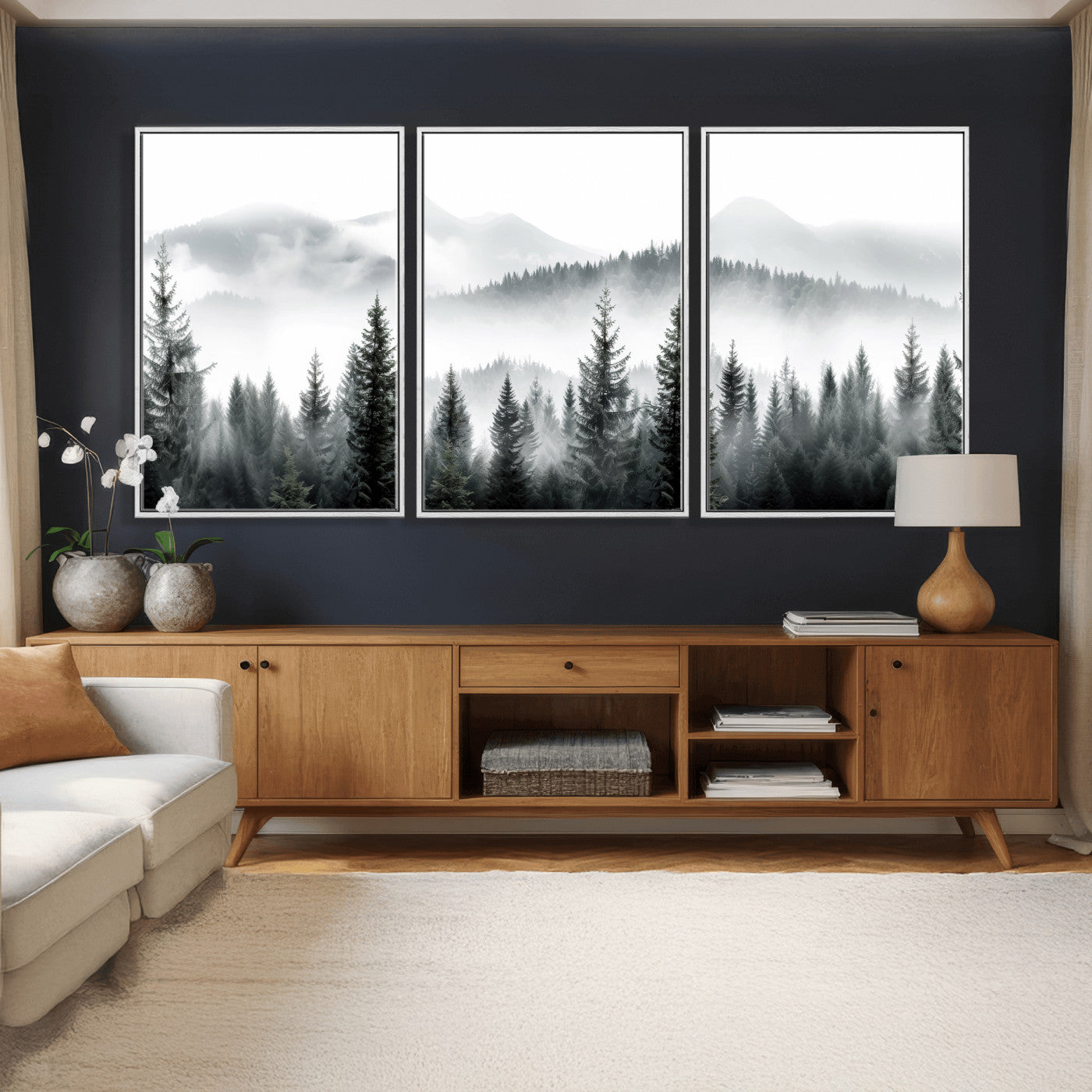 38819032-MGV-CV-36X24 - Misty Pine Forest Mountain Landscape Wall Art Canvas Print, Foggy Evergreen Trees Minimal Nature Canvas Print, Monochrome Wilderness Scenic Art Printing