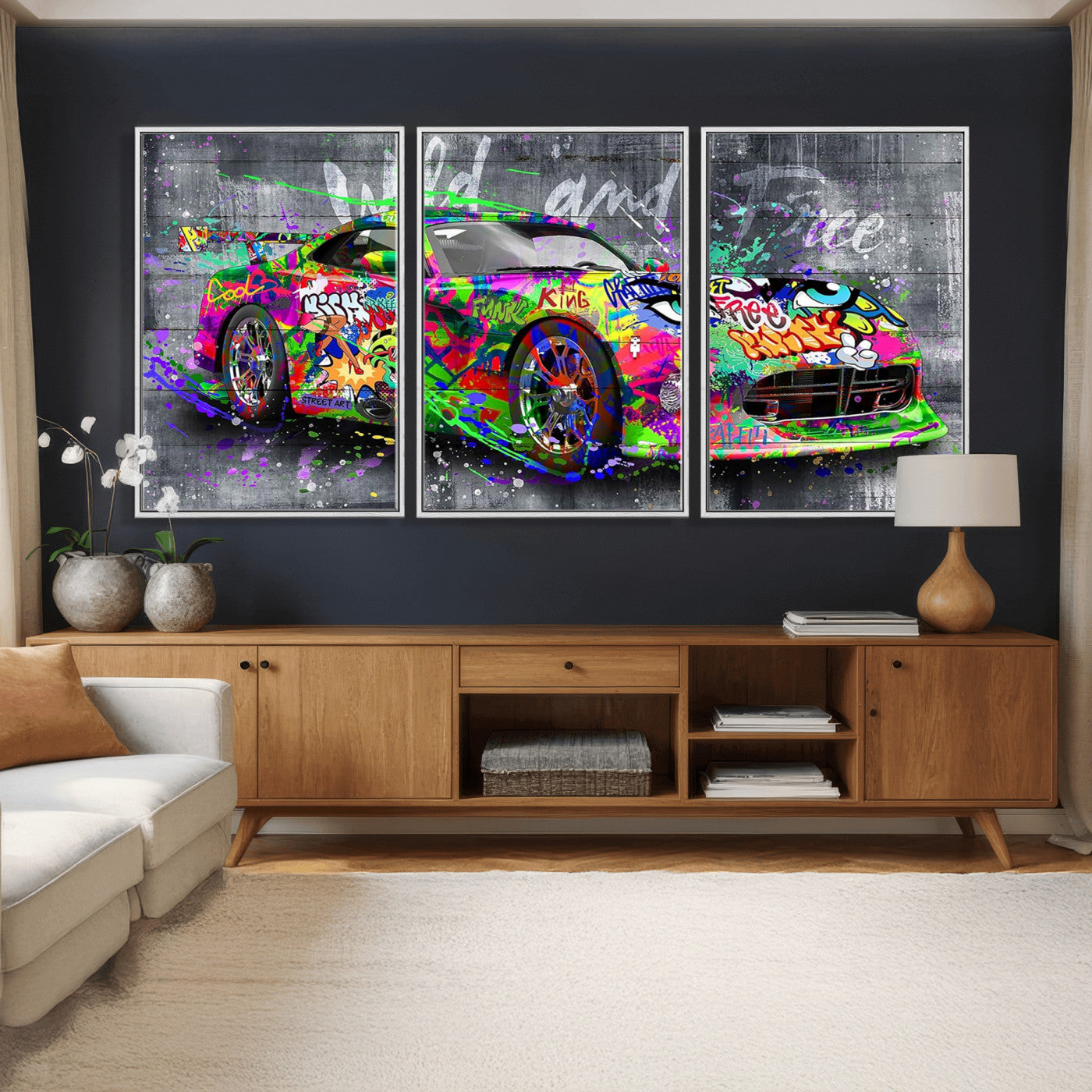 95314968-MGV-CV-36X24 - Graffiti Sports Car Street Art Wall Art Canvas Print, Colorful Urban Supercar Pop Art Canvas Print, Modern Graffiti Car Contemporary Art Printing