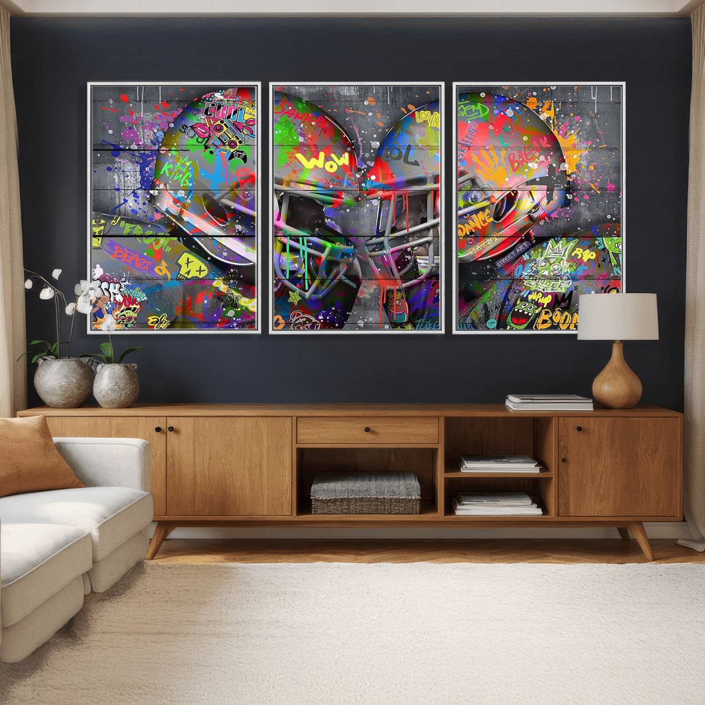 15309853-MGV-CV-36X24 - Graffiti Football Helmets Wall Art Canvas Print, Urban Street Art Sports Decor, Colorful American Football Graffiti Artwork