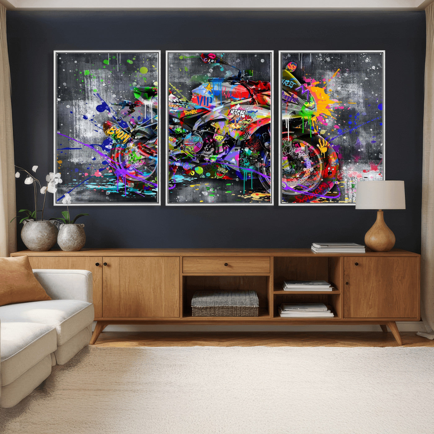 83021767-MGV-CV-36X24 - Graffiti Motorcycle Wall Art Canvas Print, Urban Street Art Motorbike Decor, Colorful Graffiti Sports Bike Artwork