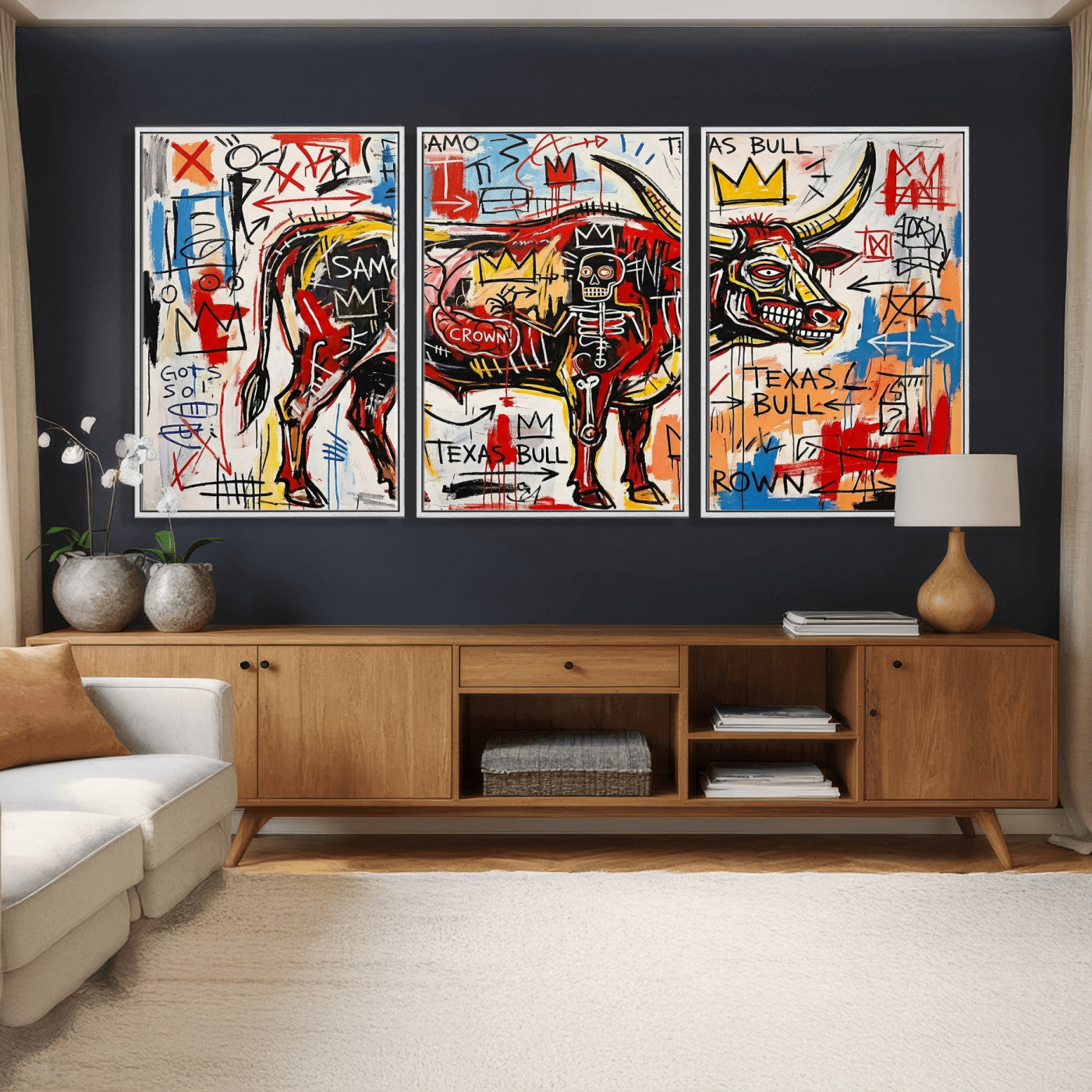 89504579-MGV-CV-36X24 - TITLE: Texas Bull Wall Art Canvas Print, Abstract Graffiti Bull Painting, Western Animal Art, Modern Ranch Decor