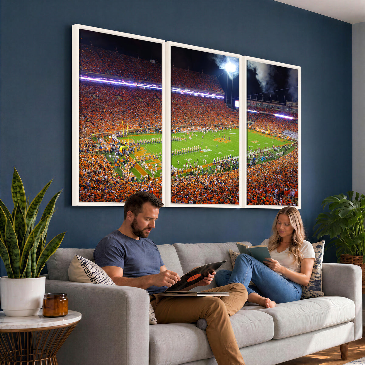 43662631-MGV-CV-36X24 - Clemson Football Stadium Wall Art Canvas Print, College Football Crowd Night Game Scene, Orange Stadium Panorama Wall Decor