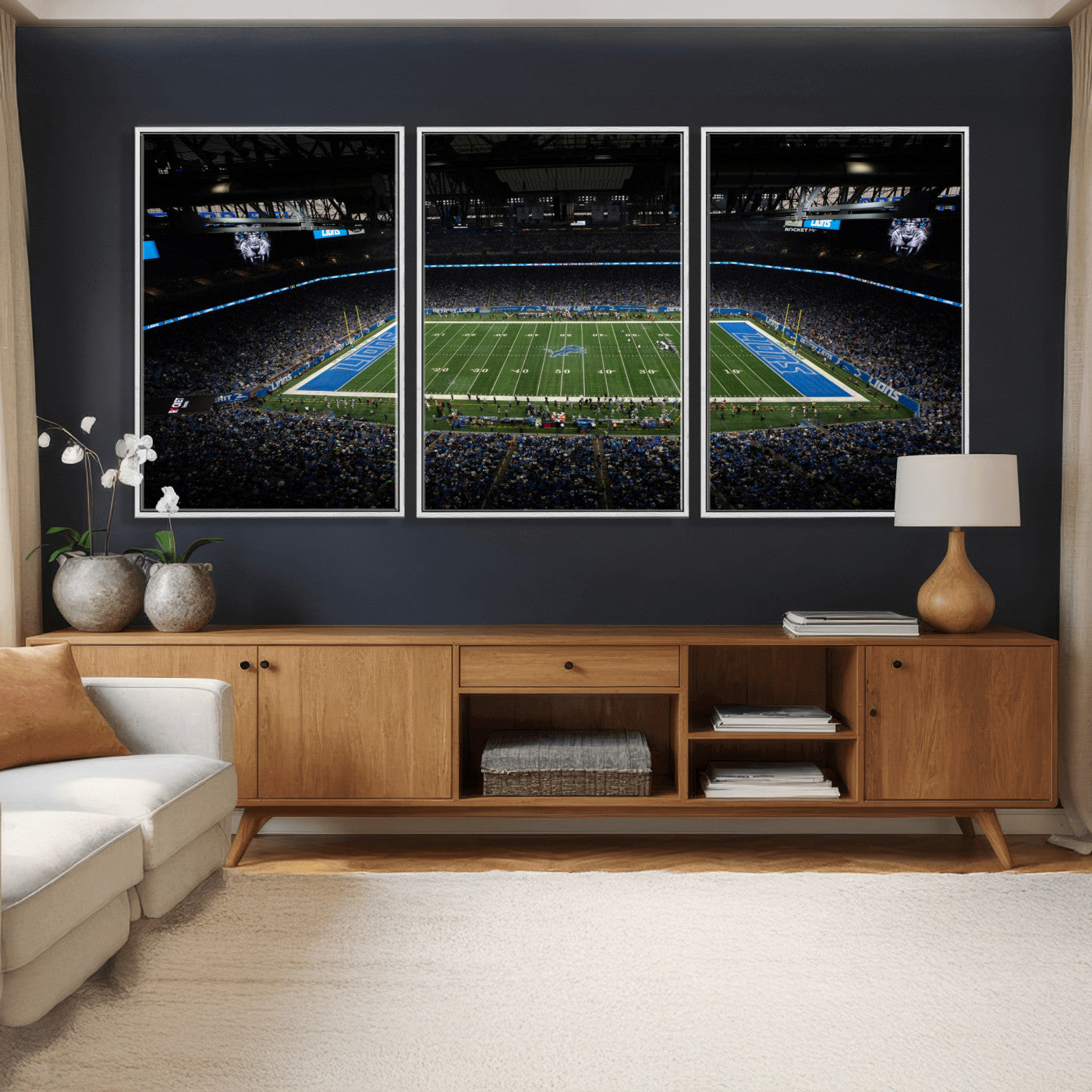 16709602-MGV-CV-36X24 - Detroit Lions Stadium Wall Art Canvas Print, Football Field Panorama Artwork, NFL Game Night Stadium Decor