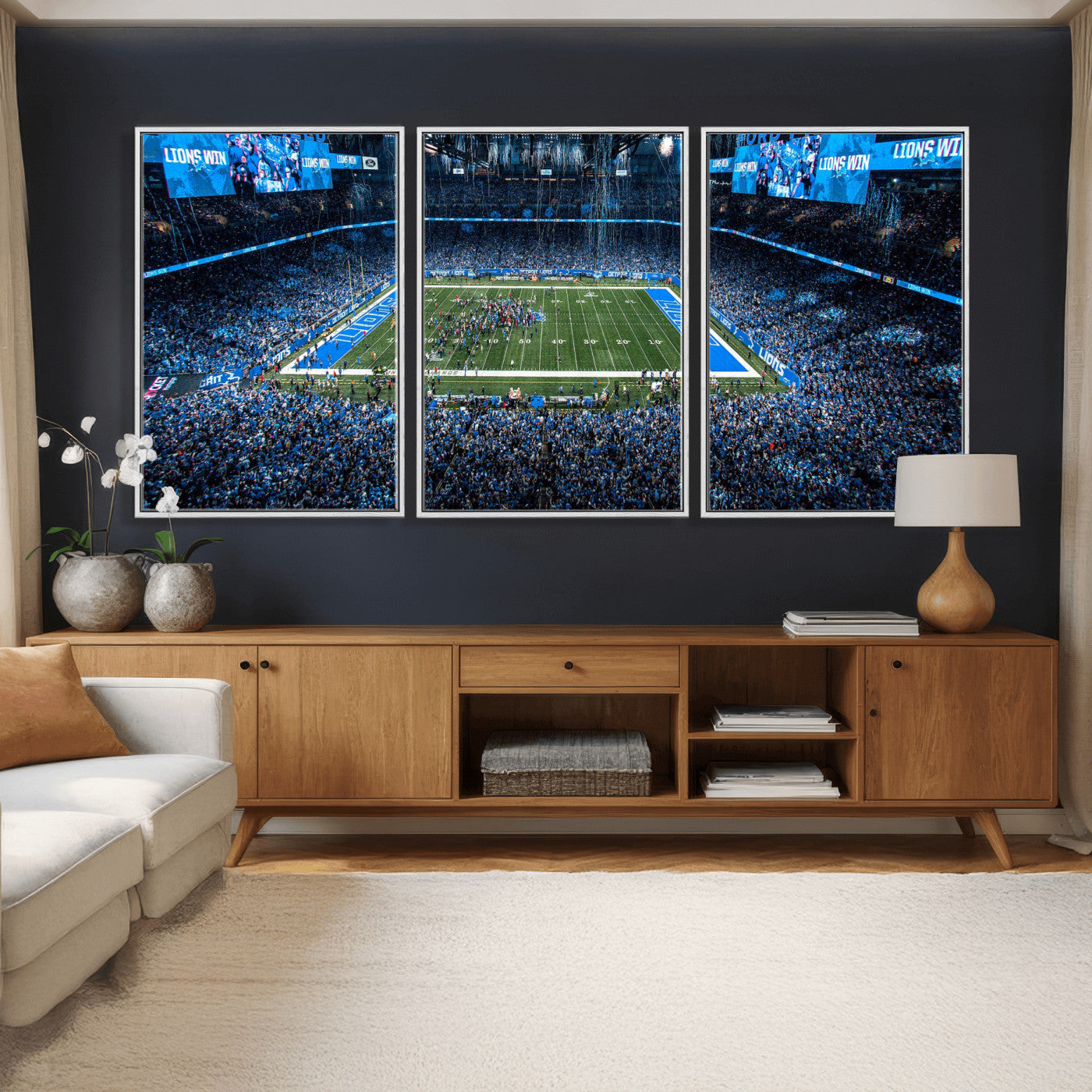 80882005-MGV-CV-36X24 - Detroit Lions Stadium Wall Art Canvas Print, Football Field Panorama Artwork, NFL Game Night Stadium Decor