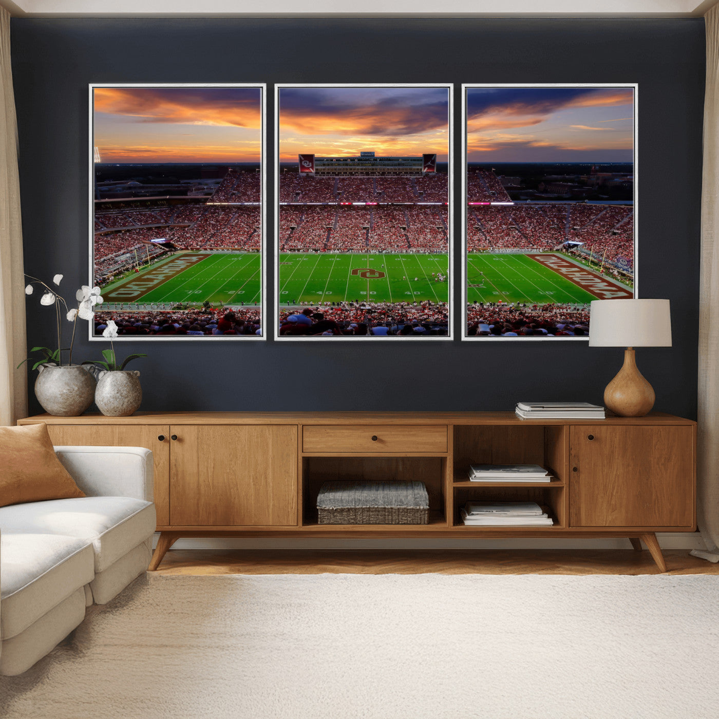 51457497-MGV-CV-36X24 - Oklahoma Sooners Stadium Wall Art Canvas Print, College Football Sunset Game Scene, OU Football Field Panorama Wall Decor