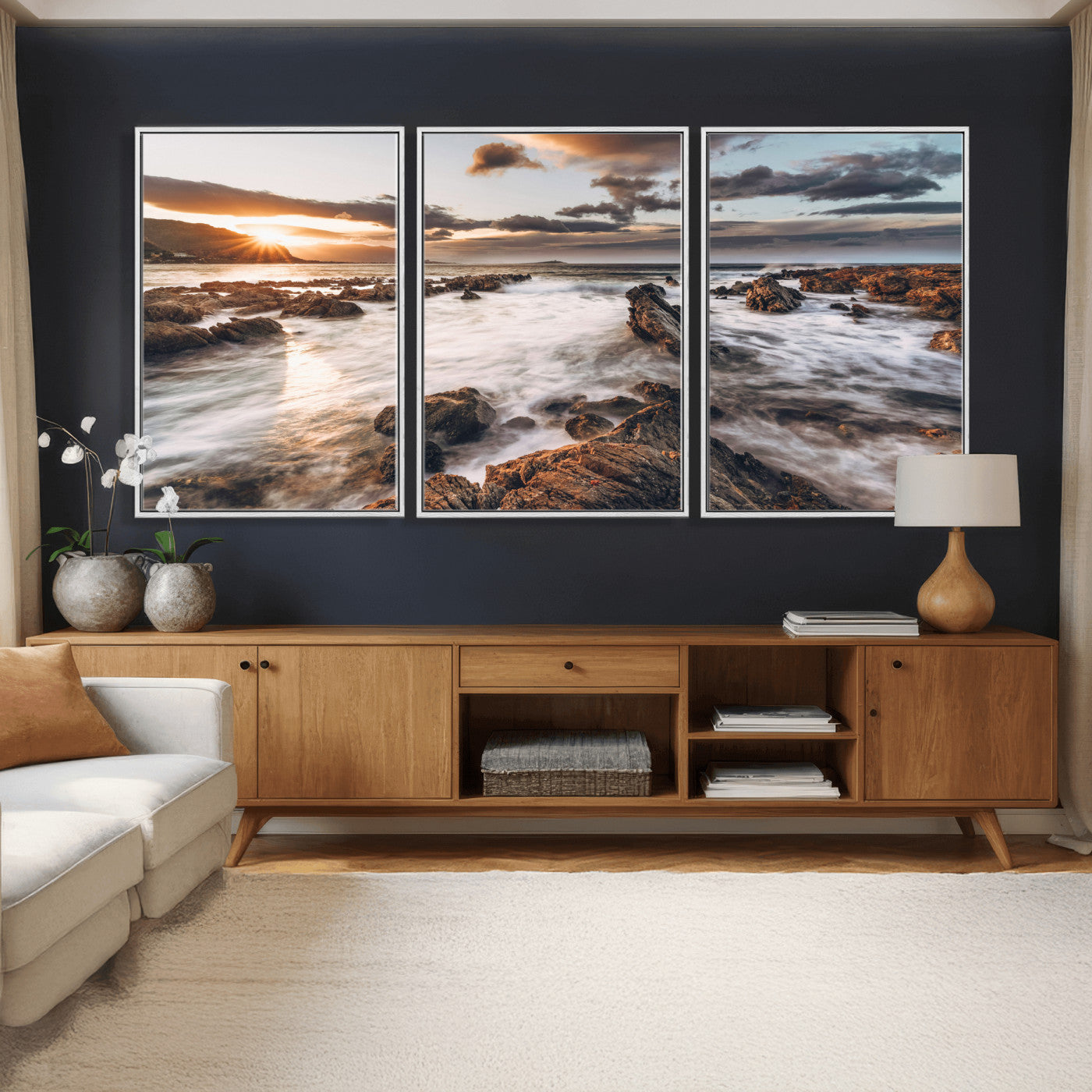 66746024-MGV-CV-36X24 - Rocky Coast Ocean Sunset Wall Art Canvas Print, Dramatic Seascape Nature Wall Decor for Living Room and Office