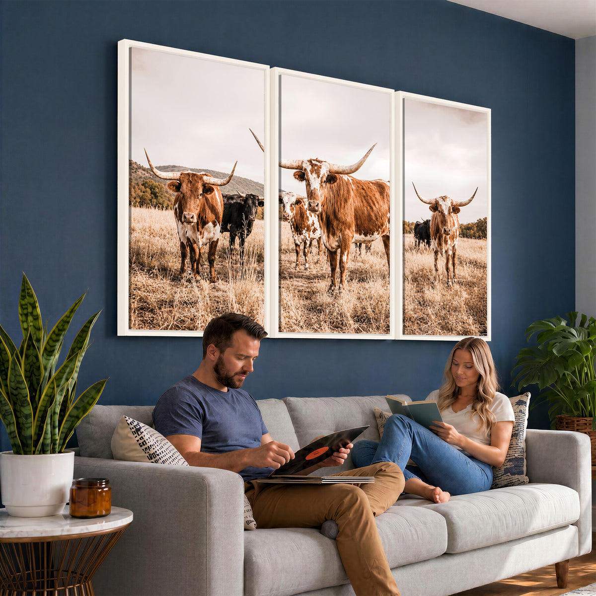 27539727-MGV-CV-36X24 - Texas Longhorn Cattle Wall Art Canvas Print, Sepia Western Decor