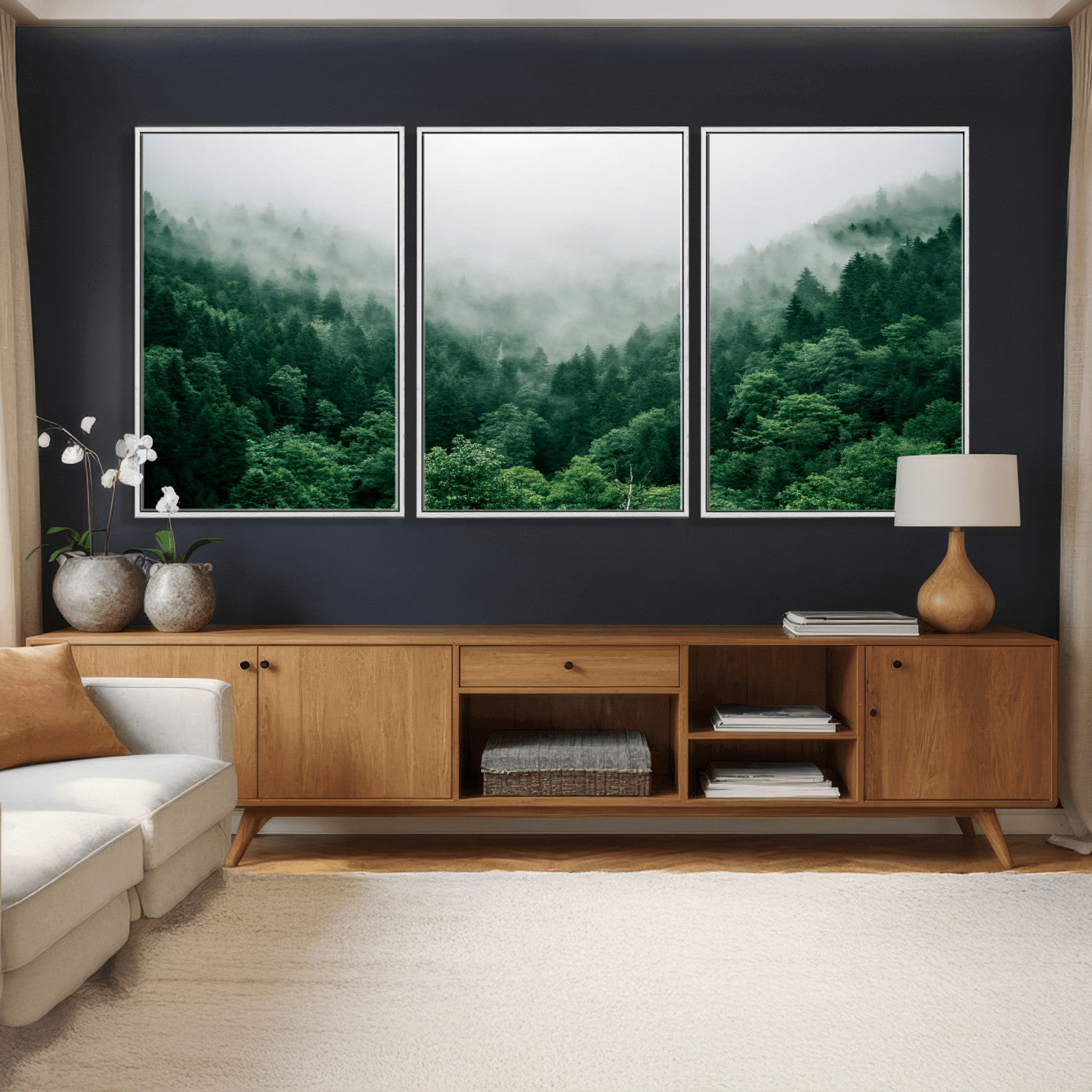 61640815-MGV-CV-36X24 - Misty Pine Forest Wall Art Canvas Print, Foggy Evergreen Landscape Wall Decor, Moody Green Nature Artwork, Minimal Forest Canvas Wall Art, Framed Canvas Wall Art Ready to Hang