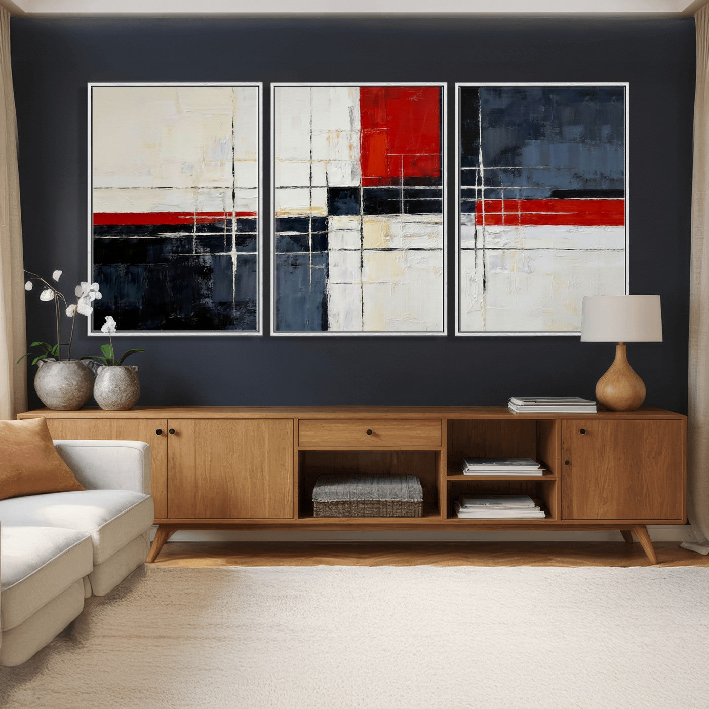 44088165-MGV-CV-36X24 - Navy Red Abstract Wall Art Canvas Print, Modern Luxury Geometric Painting Wall Decor for Living Room and Office