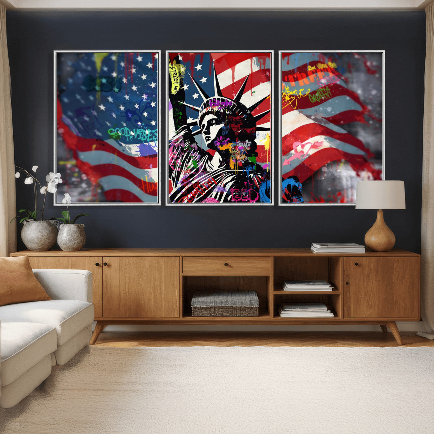 32151941-MGV-CV-36X24 - USA Statue of Liberty Graffiti Street Art Wall Art Canvas Print, American Flag Urban Pop Art Canvas Print, Modern Patriotic Street Art Contemporary Art Printing