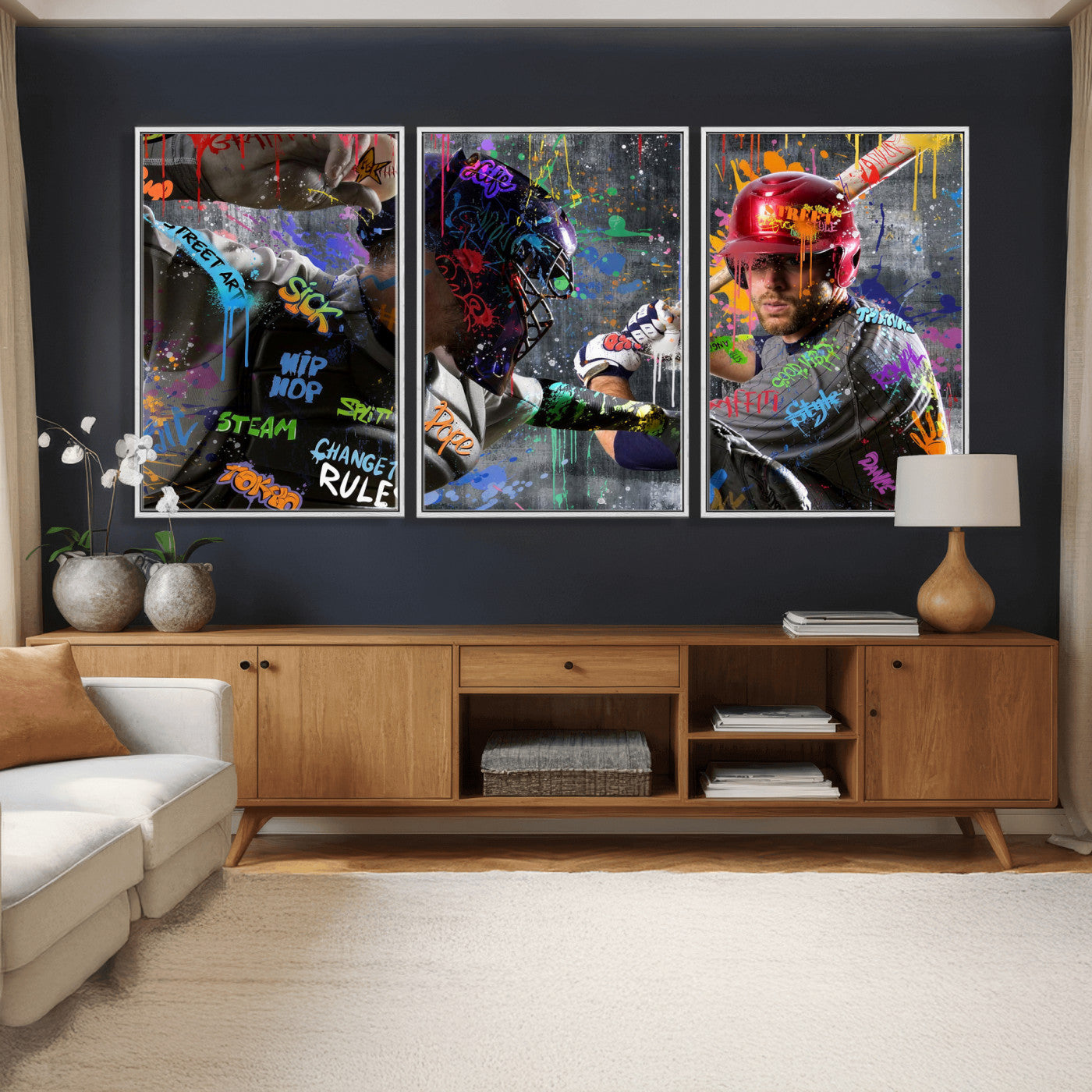 19634994-MGV-CV-36X24 - Graffiti Baseball Player Street Art Wall Art Canvas Print, Urban Sports Pop Art Baseball Canvas Print, Modern Athletic Graffiti Contemporary Art Printing