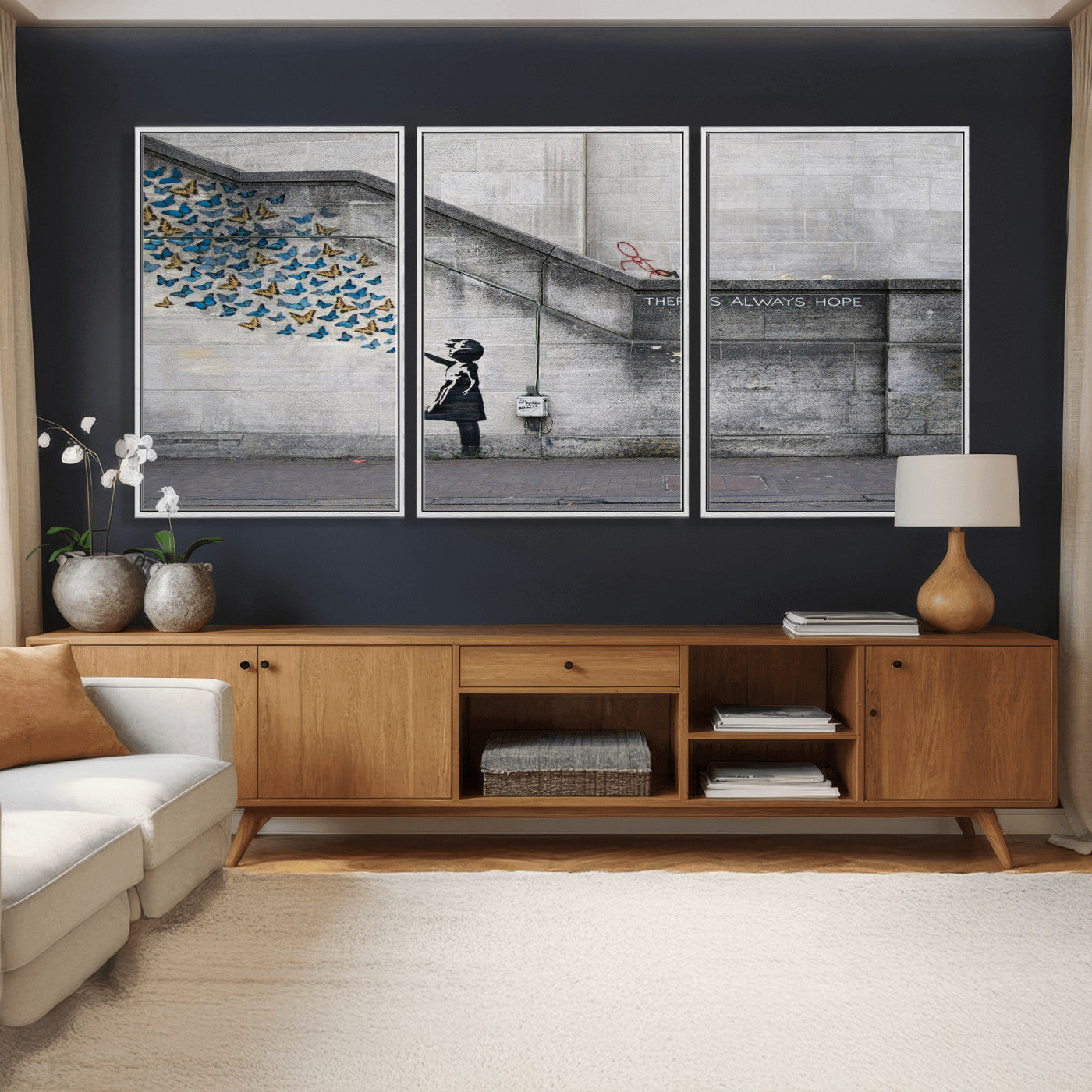 15274223-MGV-CV-36X24 - Banksy Girl with Butterflies Street Art Wall Art Canvas Print, Hope Graffiti Urban Art Canvas Print, Minimalist Inspirational Street Art Contemporary Art Printing