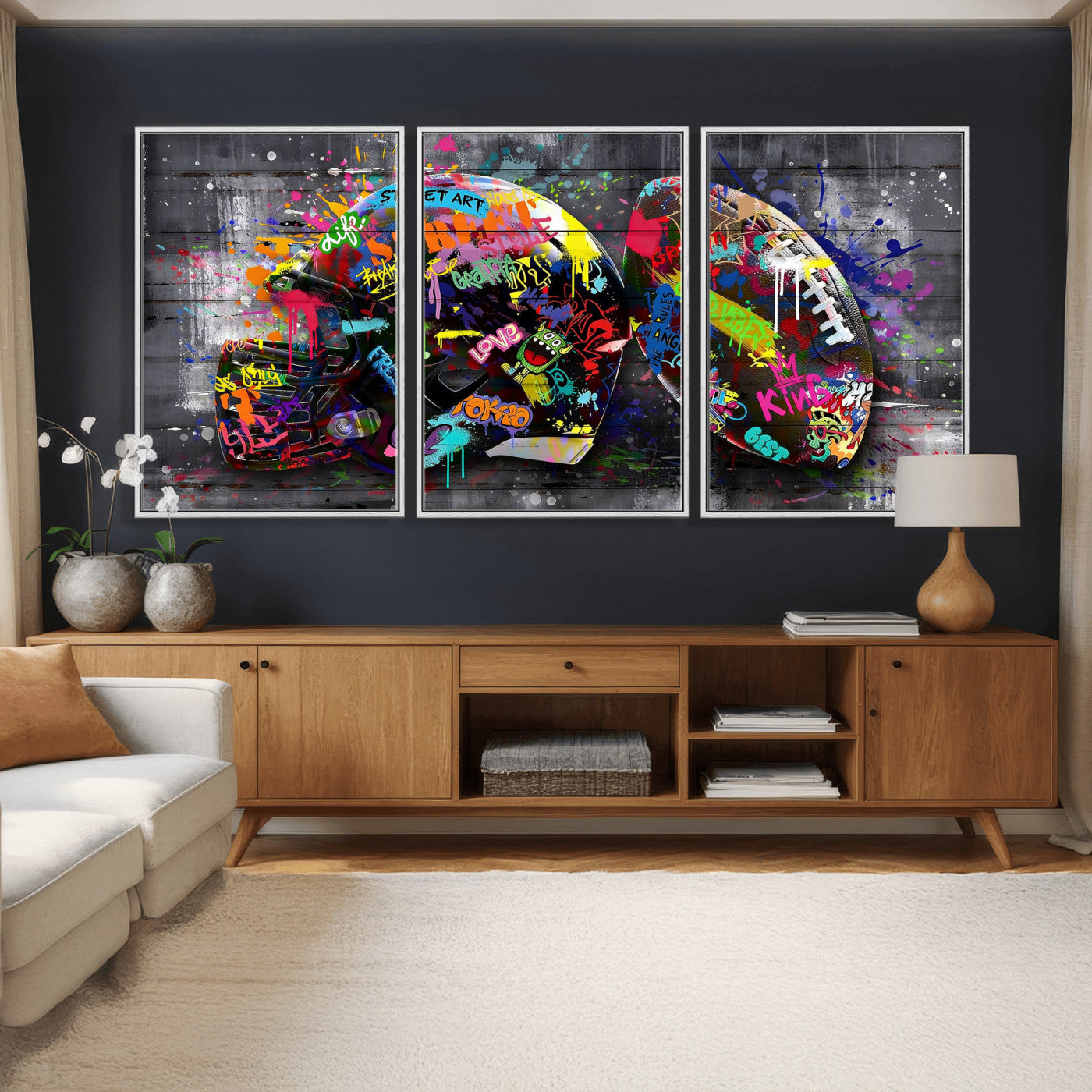 80540773-MGV-CV-36X24 - Graffiti American Football Helmet Street Art Wall Art Canvas Print, Urban Sports Pop Art Football Canvas Print, Colorful Graffiti Sports Contemporary Art Printing