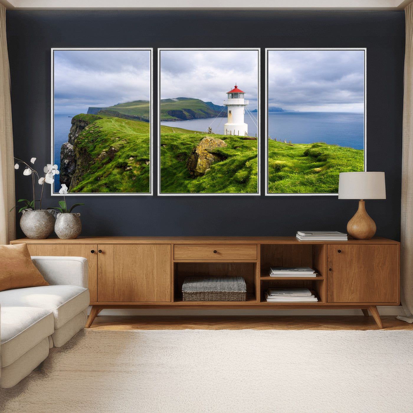 10680390-MGV-CV-36X24 - Coastal Lighthouse Wall Art Canvas Print, Cliffside Ocean Landscape Canvas Print, Scandinavian Coastal Decor for Living Room
