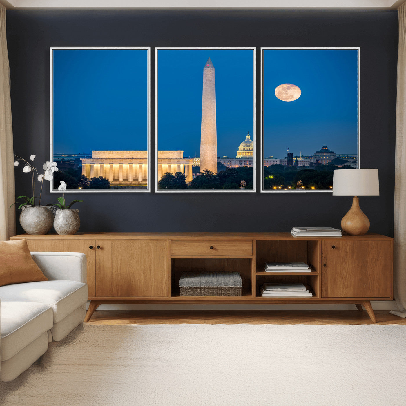 96712946-MGV-CV-36X24 - Washington DC Skyline Wall Art Canvas Print – Lincoln Memorial, Washington Monument and US Capitol Night Cityscape Artwork