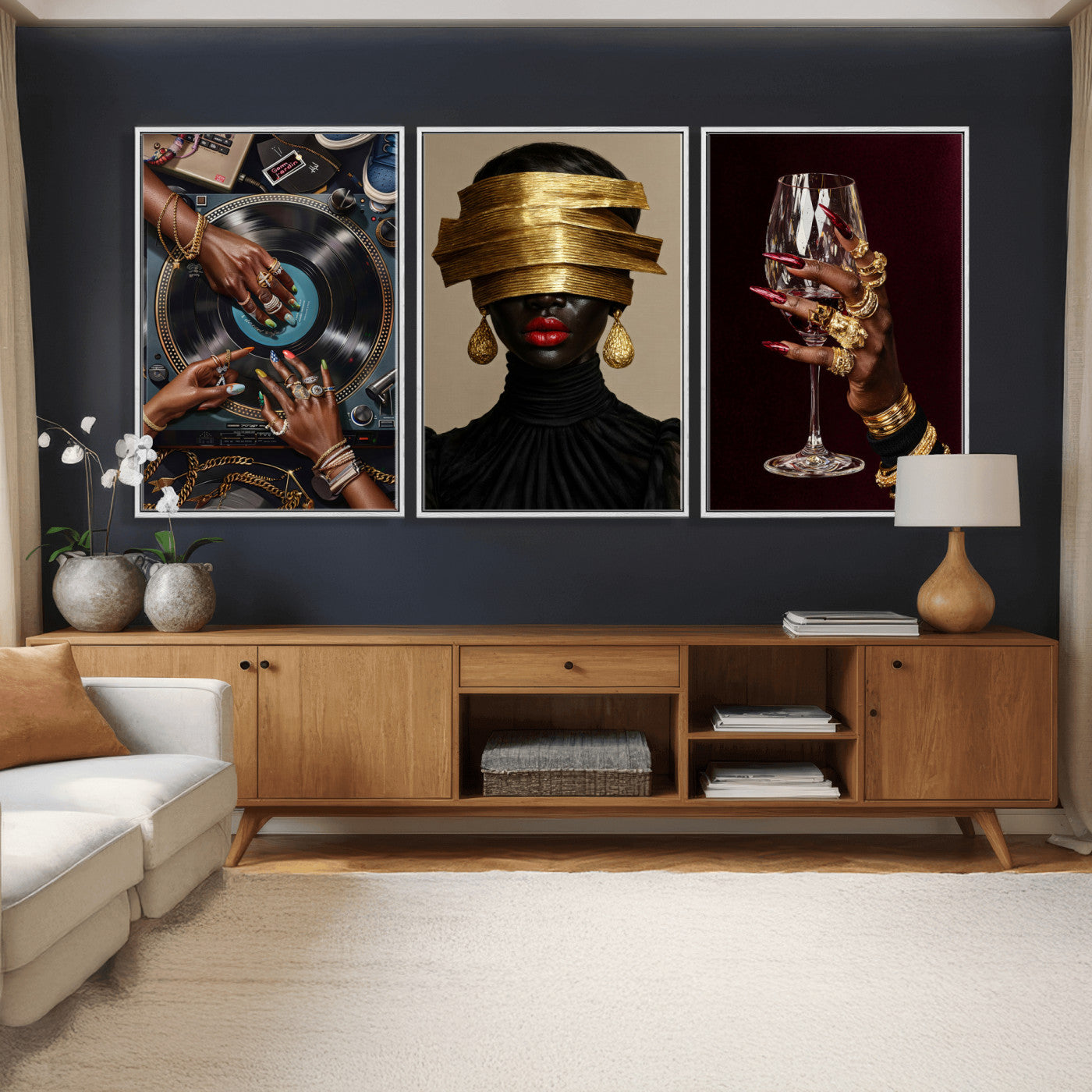 8151788S6-MGV-CV-60X30-3P - Luxury Fashion Wall Art Canvas Print Set of 3, Gold Jewelry Portrait Triptych, Glam Black Woman Modern Artwork