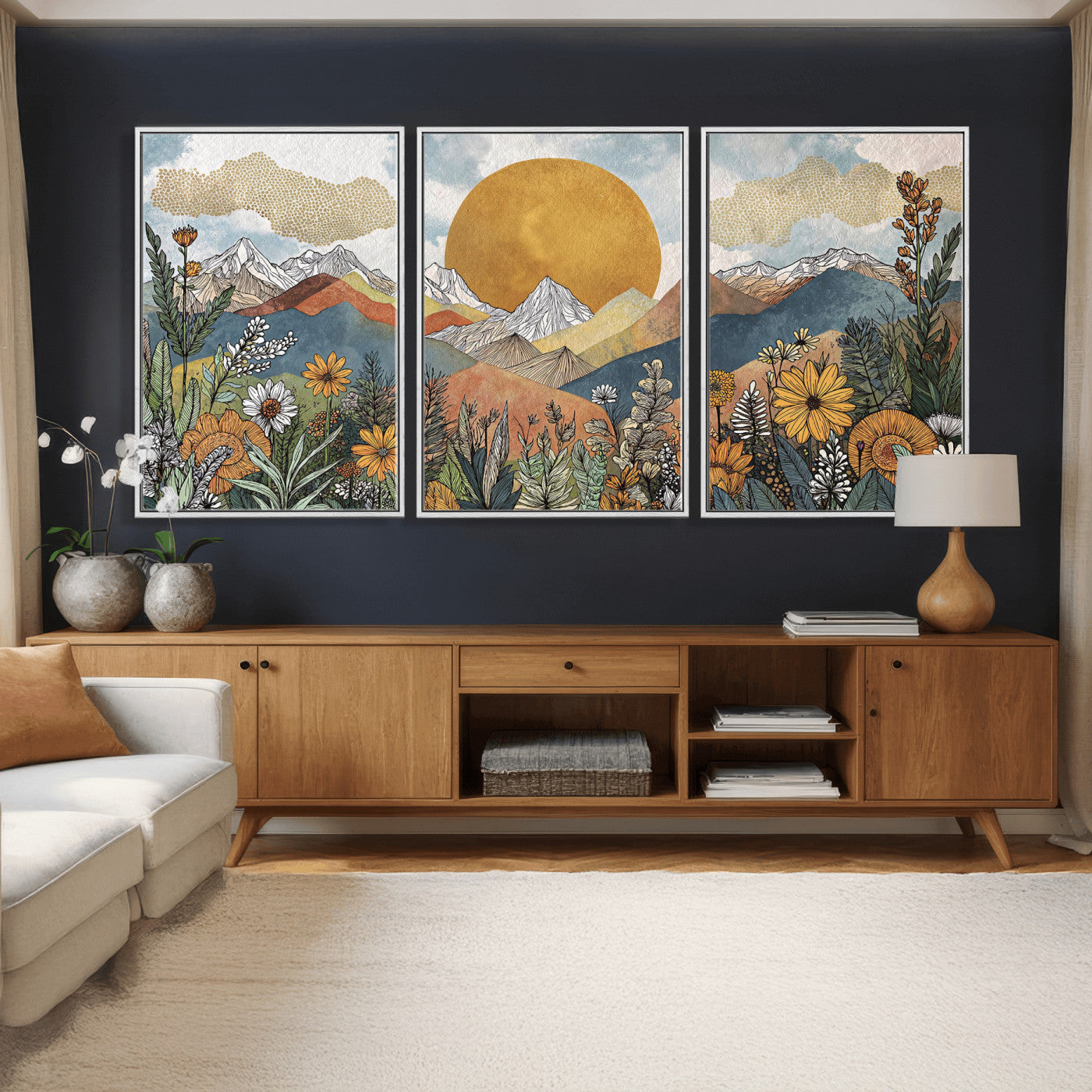 17540863-MGV-CV-36X24 - Boho Mountain Landscape Large Wall Art, Horizontal Gold Framed Canvas Print with Sun and Flowers