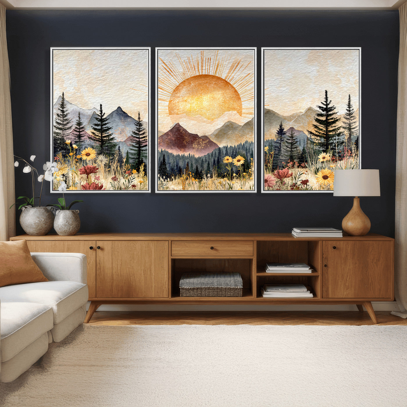 69025244-MGV-CV-36X24 - Boho Mountain Landscape Large Wall Art, Horizontal Gold Framed Canvas Print with Sun and Flowers