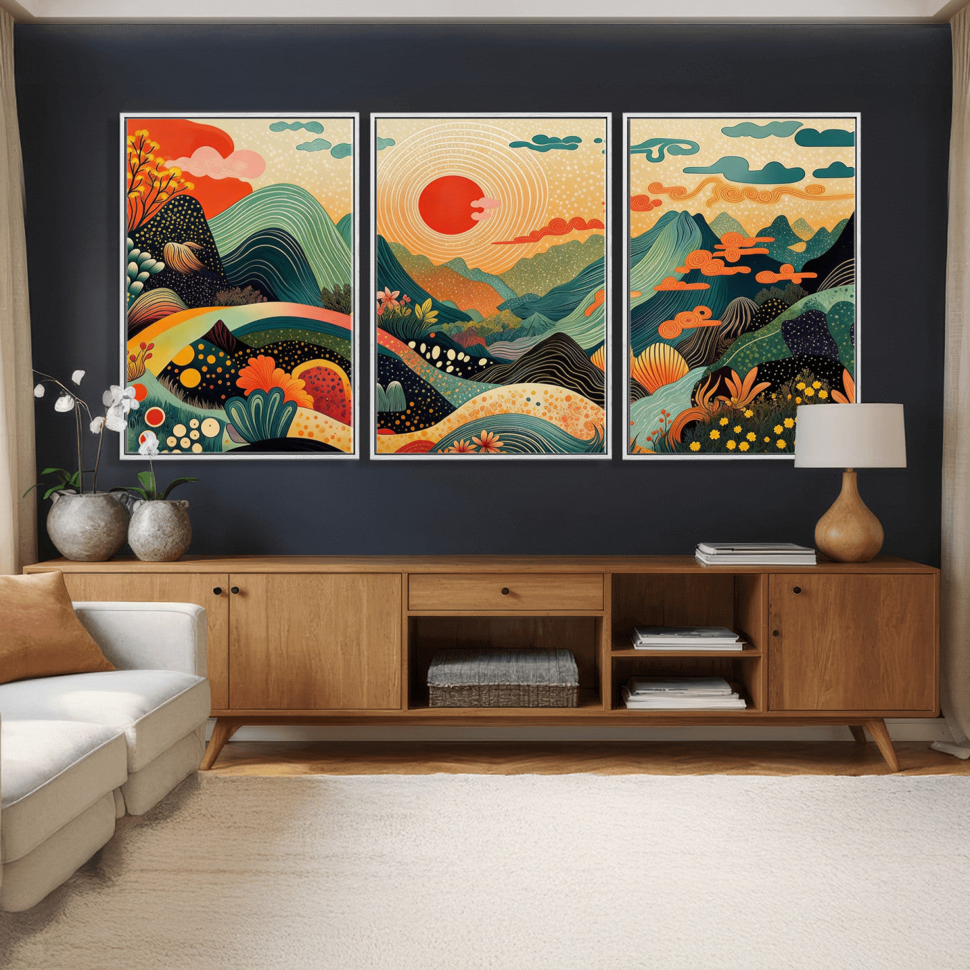 29927191-MGV-CV-36X24 - Yayoi Kusama Boho Mountain Landscape Large Wall Art, Horizontal Gold Framed Canvas Print with Sun and Flowers