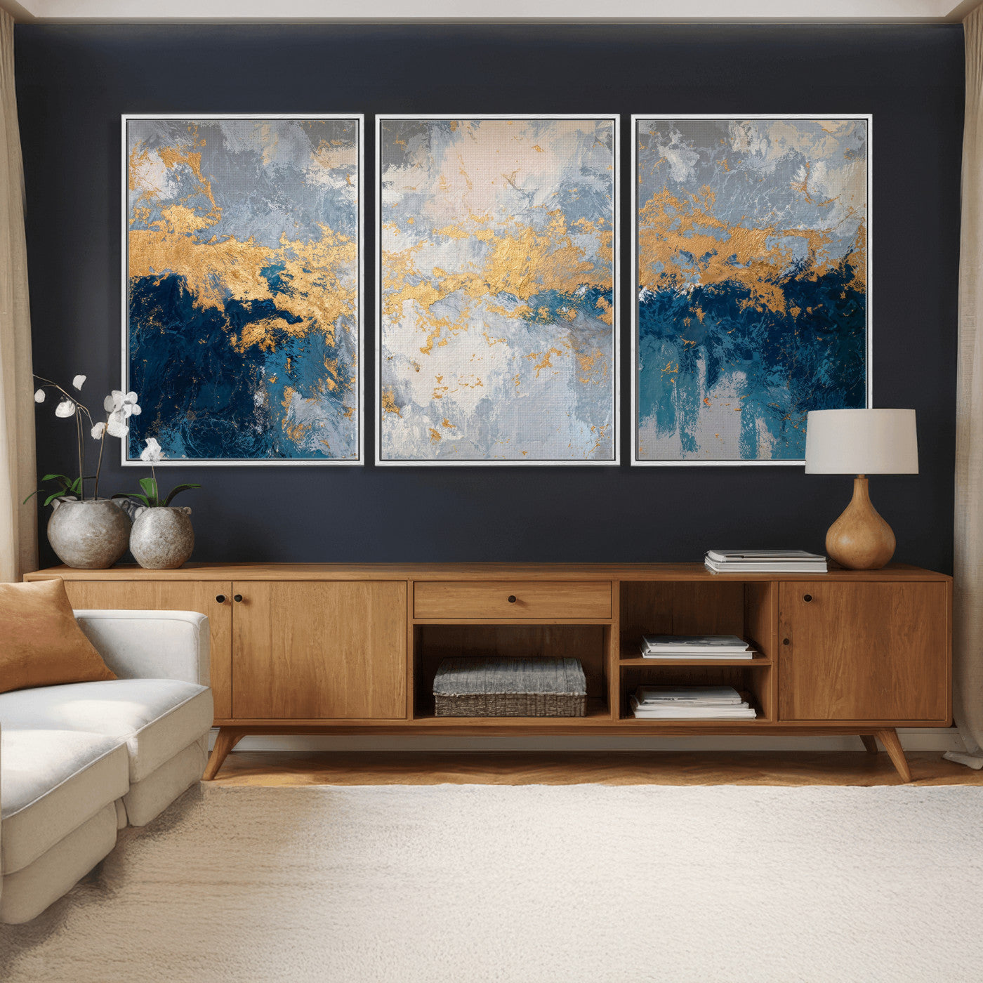 65386119-MGV-CV-36X24 - Blue Gold Abstract Large Framed Canvas Wall Art, Modern Luxury Painting Print in Horizontal Oversized Minimal Wall Decor Artwork