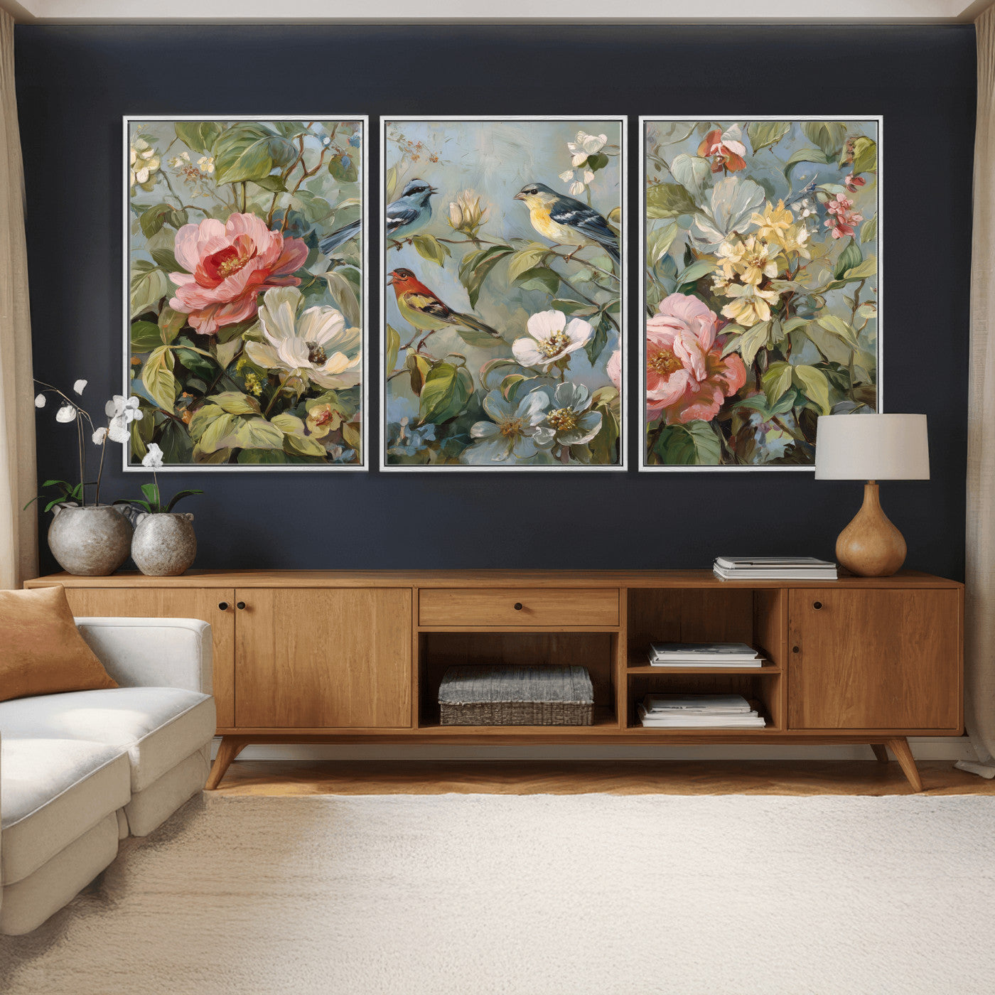 55440837-MGV-CV-36X24 - Vintage Birds and Flowers Wall Art Canvas Print, Botanical Bird Painting Canvas Print, Floral Garden Bird Artwork Canvas Print, Classic Bird Flower Painting Canvas Print